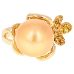 Golden South Sea Pearl Yellow Diamond 18 Karat Yellow Gold Cocktail Ring