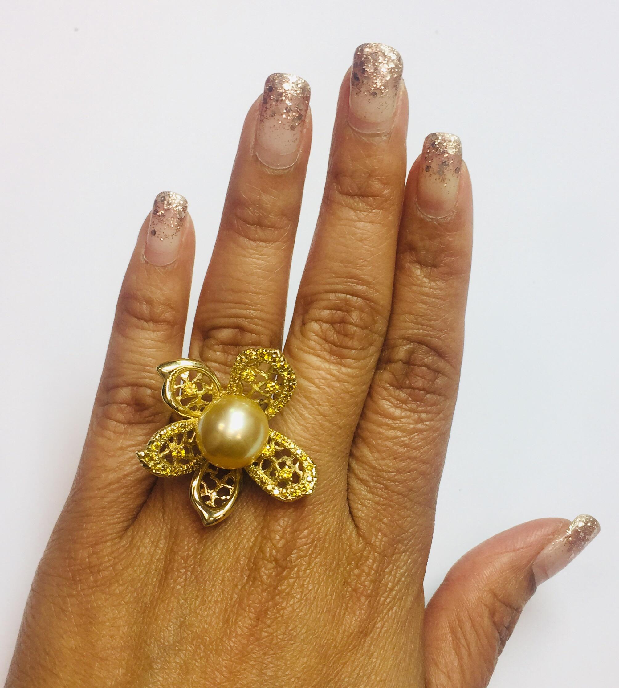 Modern Golden South Sea Pearl Yellow Diamond Cocktail Ring