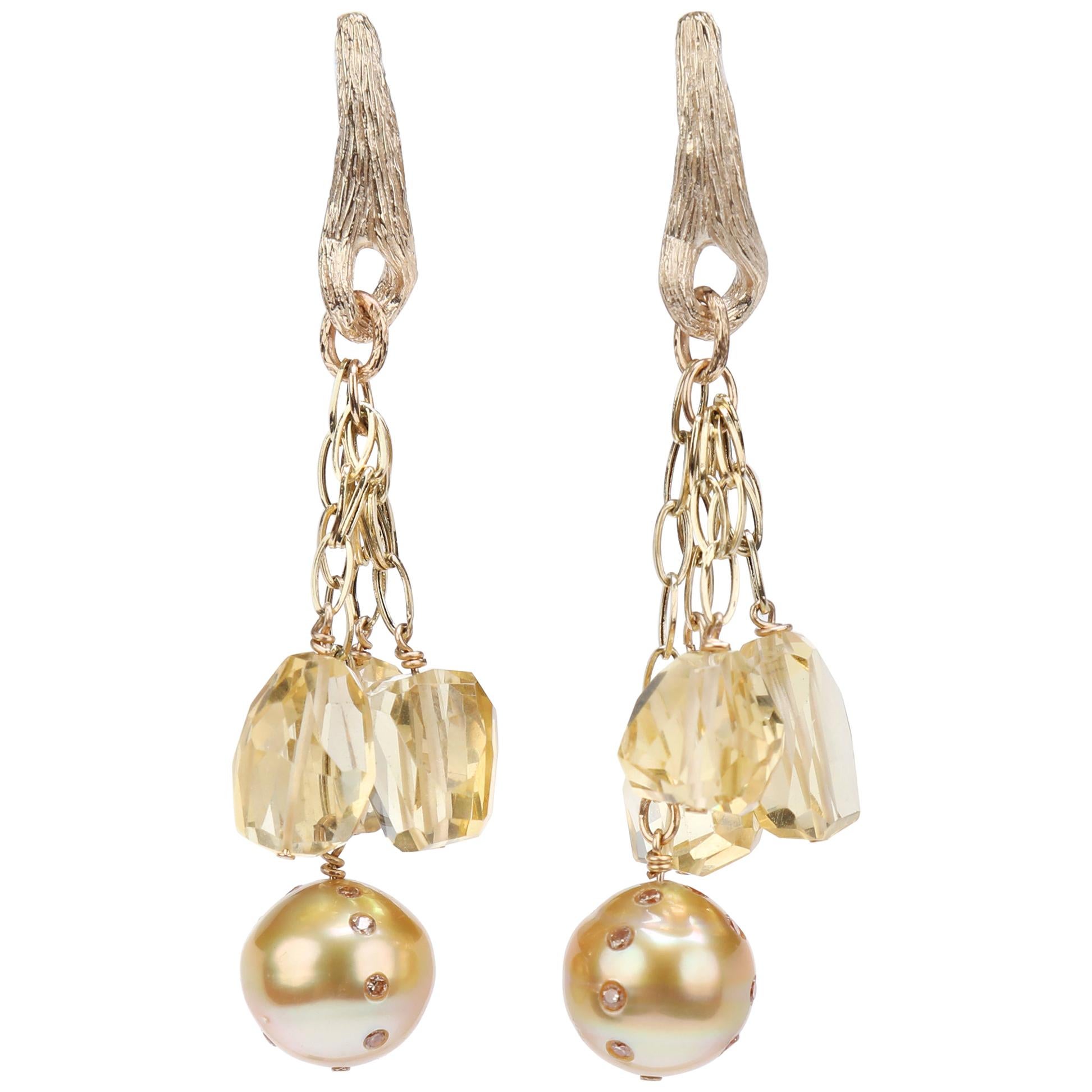 WOS Gold Drop Earrings South Sea Pearls Diamonds Citrine Gold