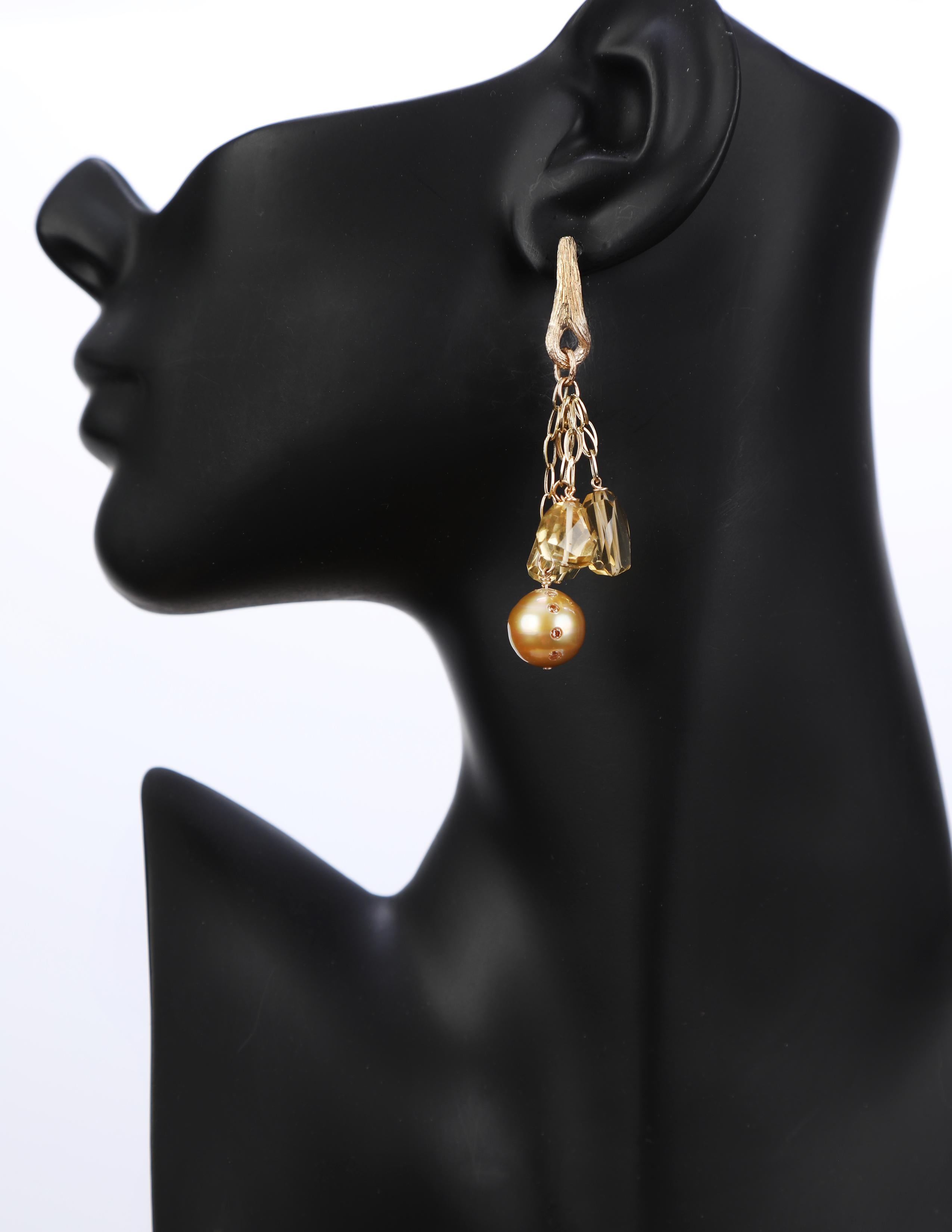 Contemporary WOS Gold Drop Earrings South Sea Pearls Diamonds Citrine Gold