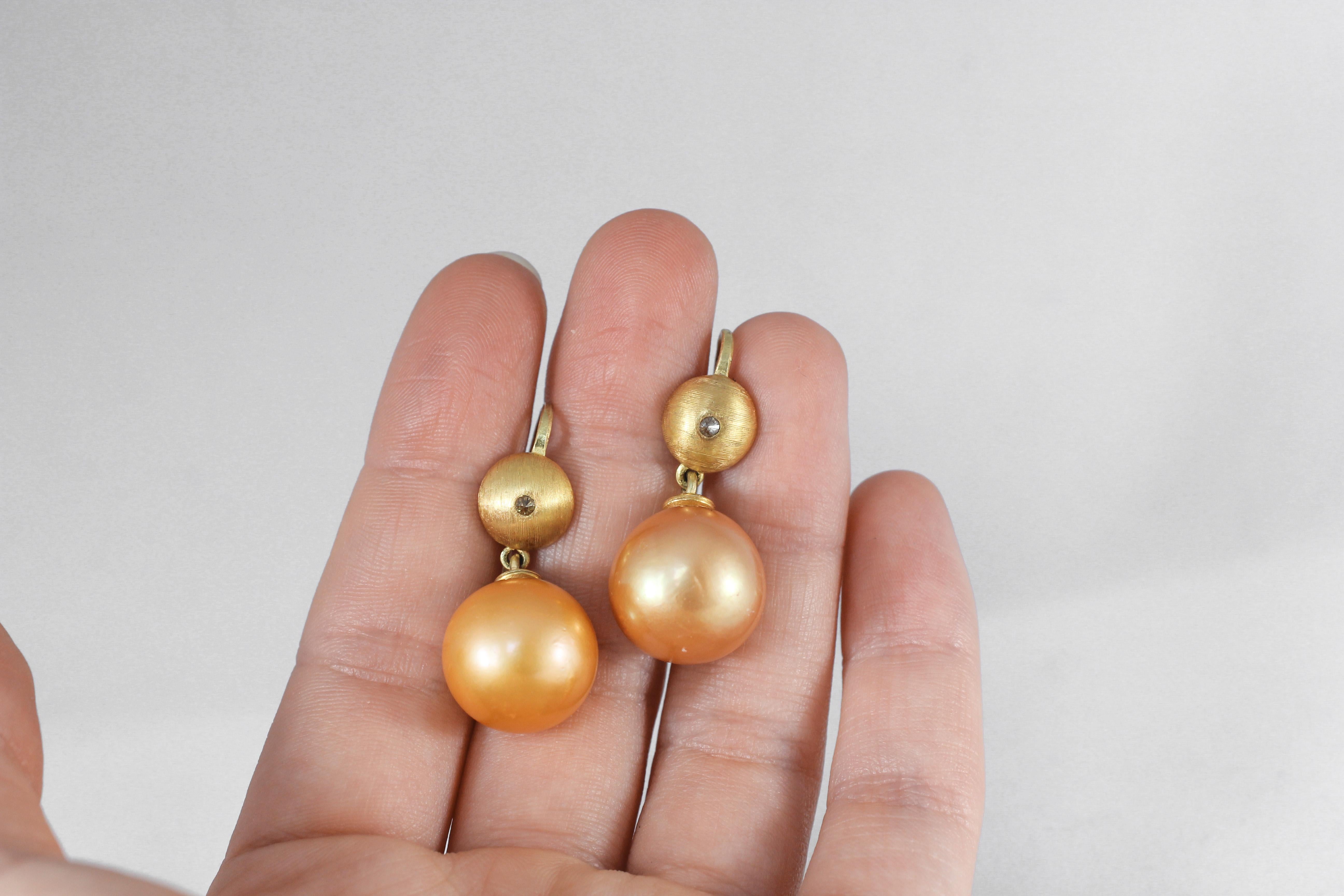 Round Cut Custom Golden South Sea Pearls Diamond 22-21k Gold Drop Dangle Earrings