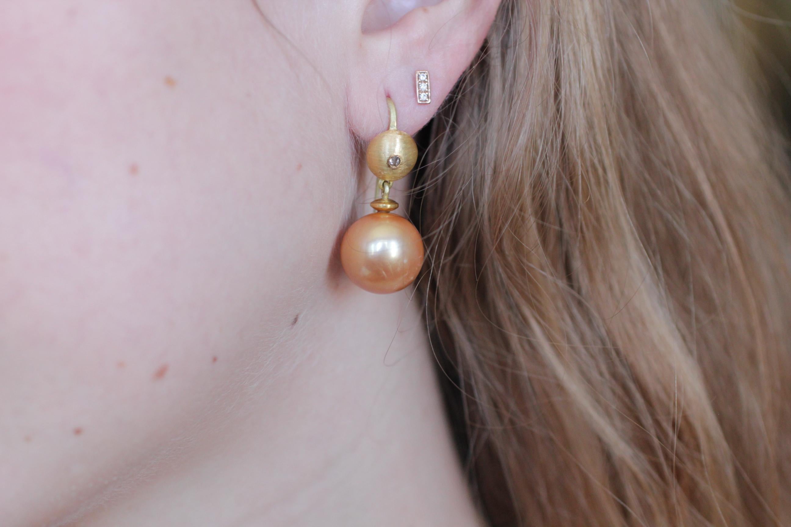 Golden 15mm Pearls Diamond 22-21k Gold Contemporary Drop Dangle Earrings For Sale 2