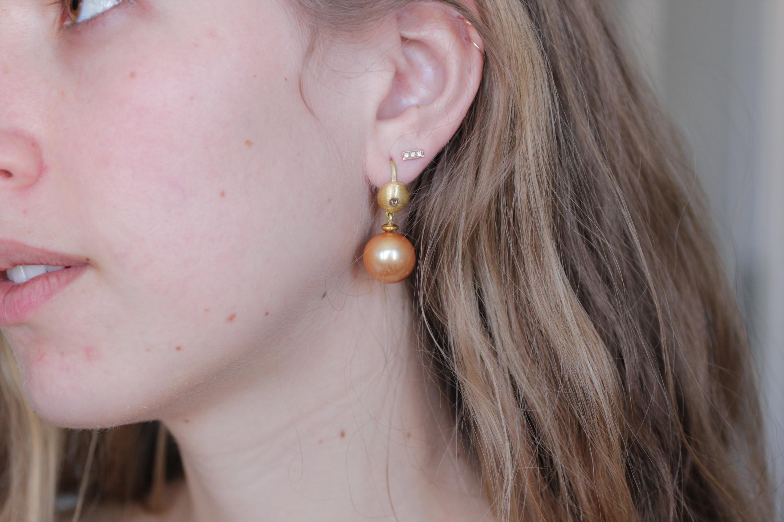 Golden 15mm Pearls Diamond 22-21k Gold Contemporary Drop Dangle Earrings For Sale 3