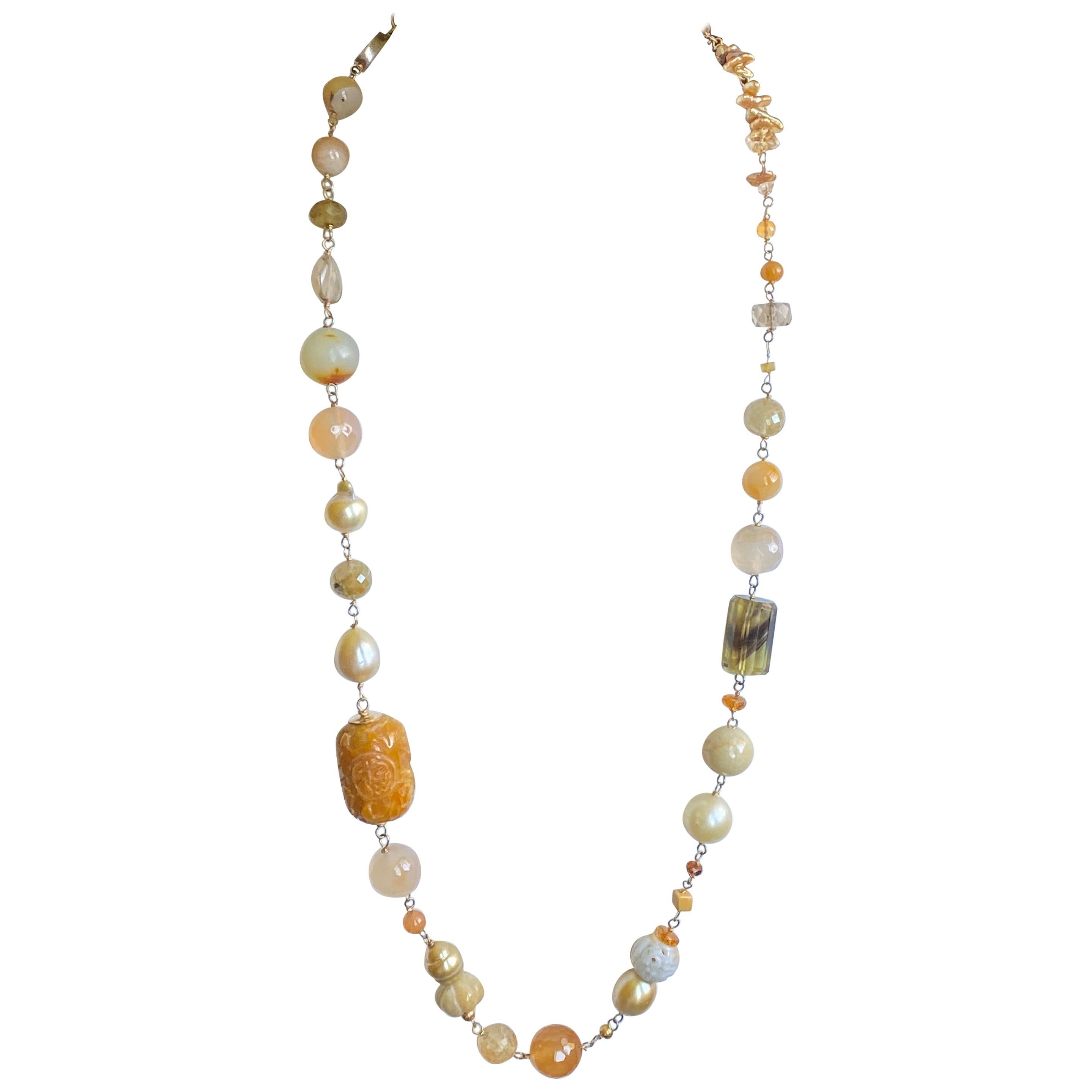 Golden South Sea Pearls, Honey Carved Jade, Bohemian Chic 18 Karat Gold Necklace For Sale