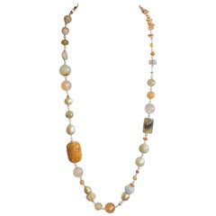 Golden South Sea Pearls, Honey Carved Jade, Bohemian Chic 18 Karat Gold Necklace