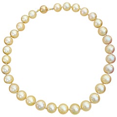 Golden South Sea Pearls Long Strand Necklace 18 Karat Gold Clasp