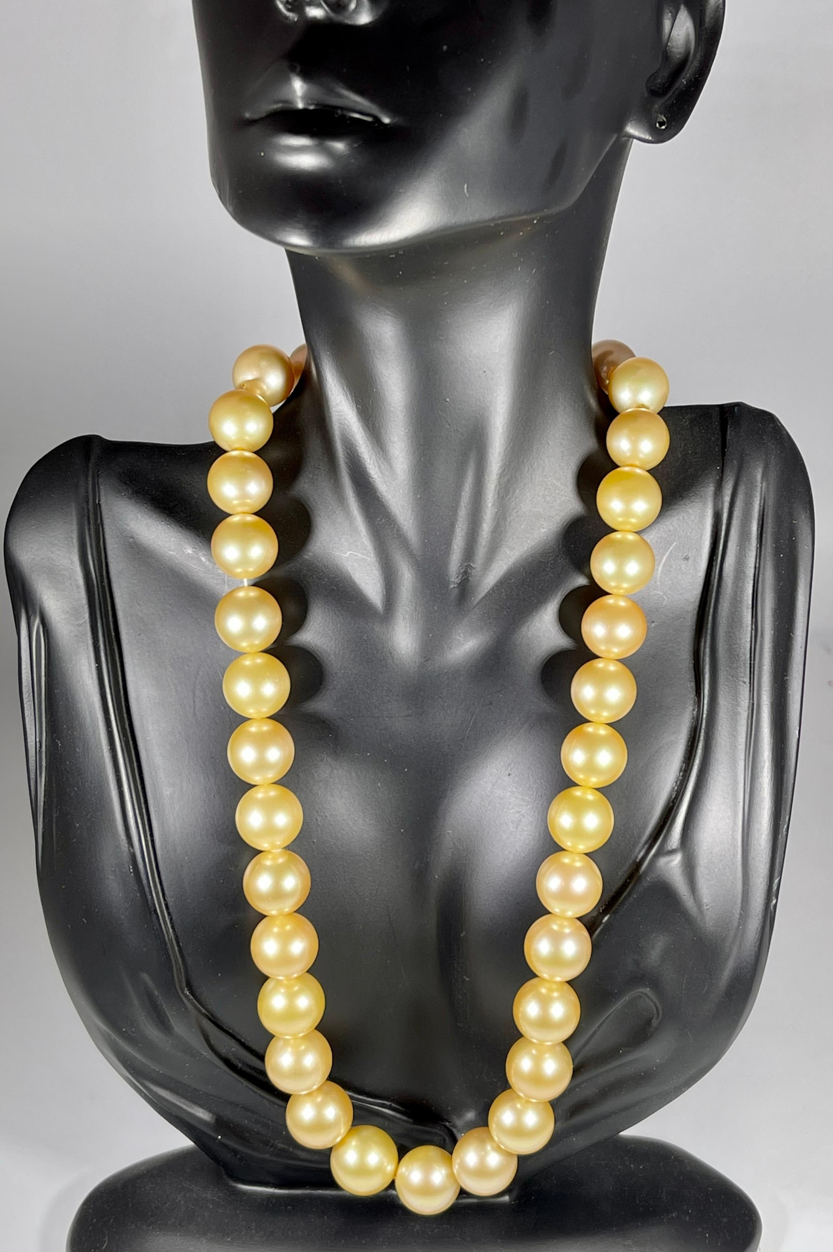 Round Cut Golden South Sea Pearls Strand Necklace 14 Karat Gold Diamond Ball Clasp 6 ct