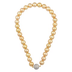 Golden South Sea Pearls Strand Necklace 14 Karat Gold Diamond Ball Clasp 6 ct