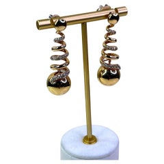 Golden Spiral Globe Circle Sphere Diamond Pave 18k Gold Dangle Drop Earrings