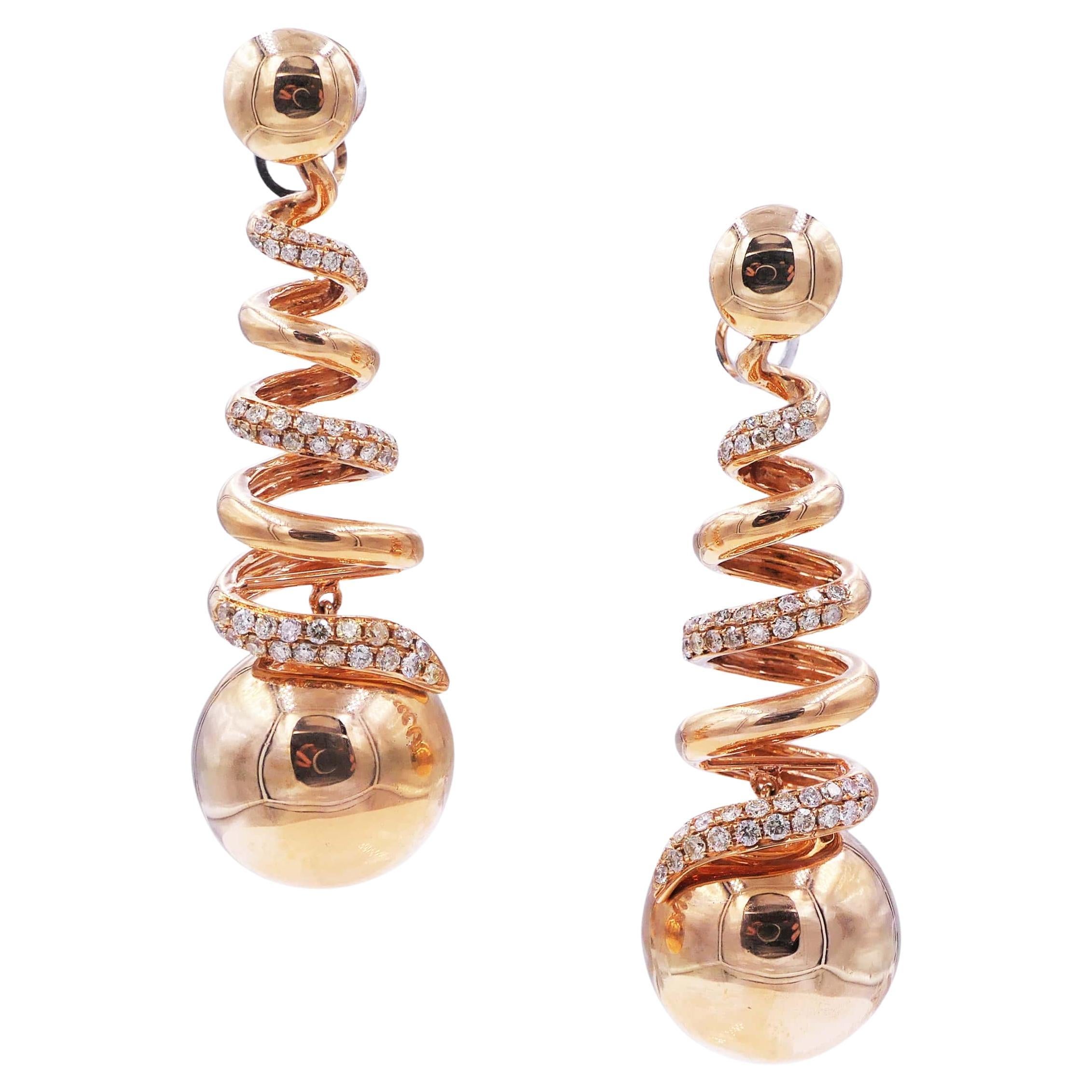 Golden Spiral Globe Circle Sphere Diamond Pave 18k Gold Dangle Drop Earrings For Sale