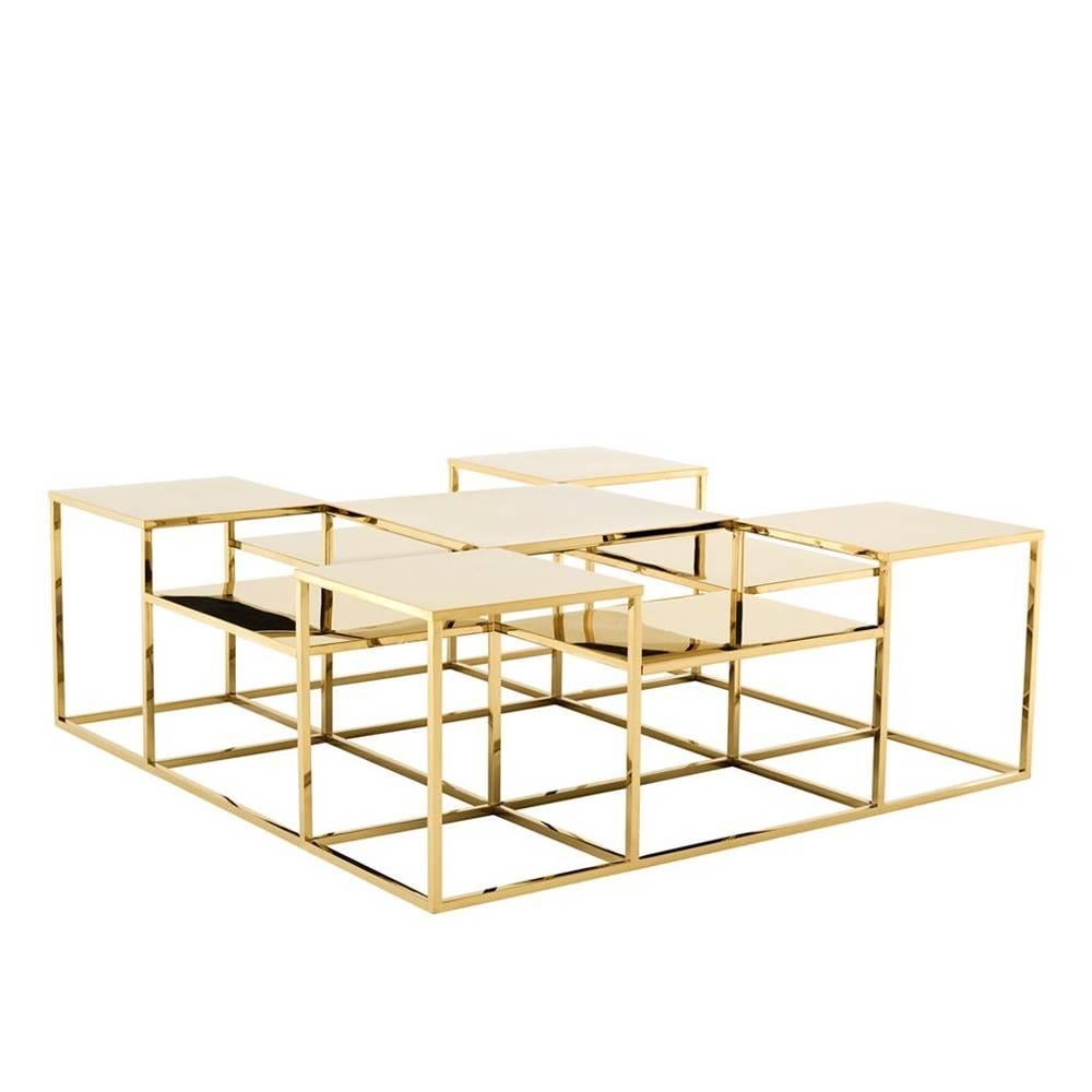 Coffee table golden square with structure
all made in polished stainless steel in gold 
finish.
