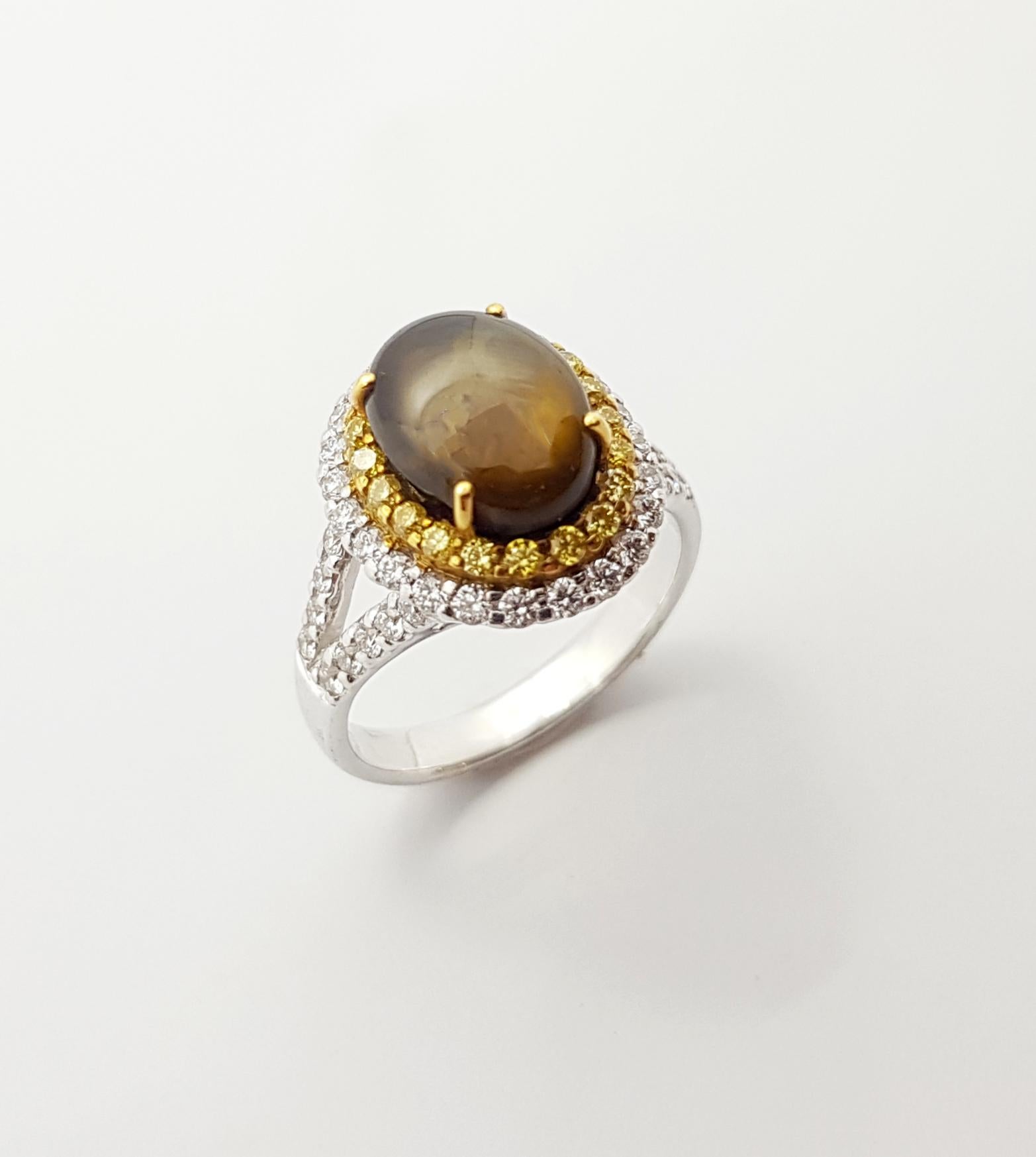 Women's Golden Star Sapphire, Yellow Sapphire and Diamond Ring in 18 Karat White Gold  For Sale