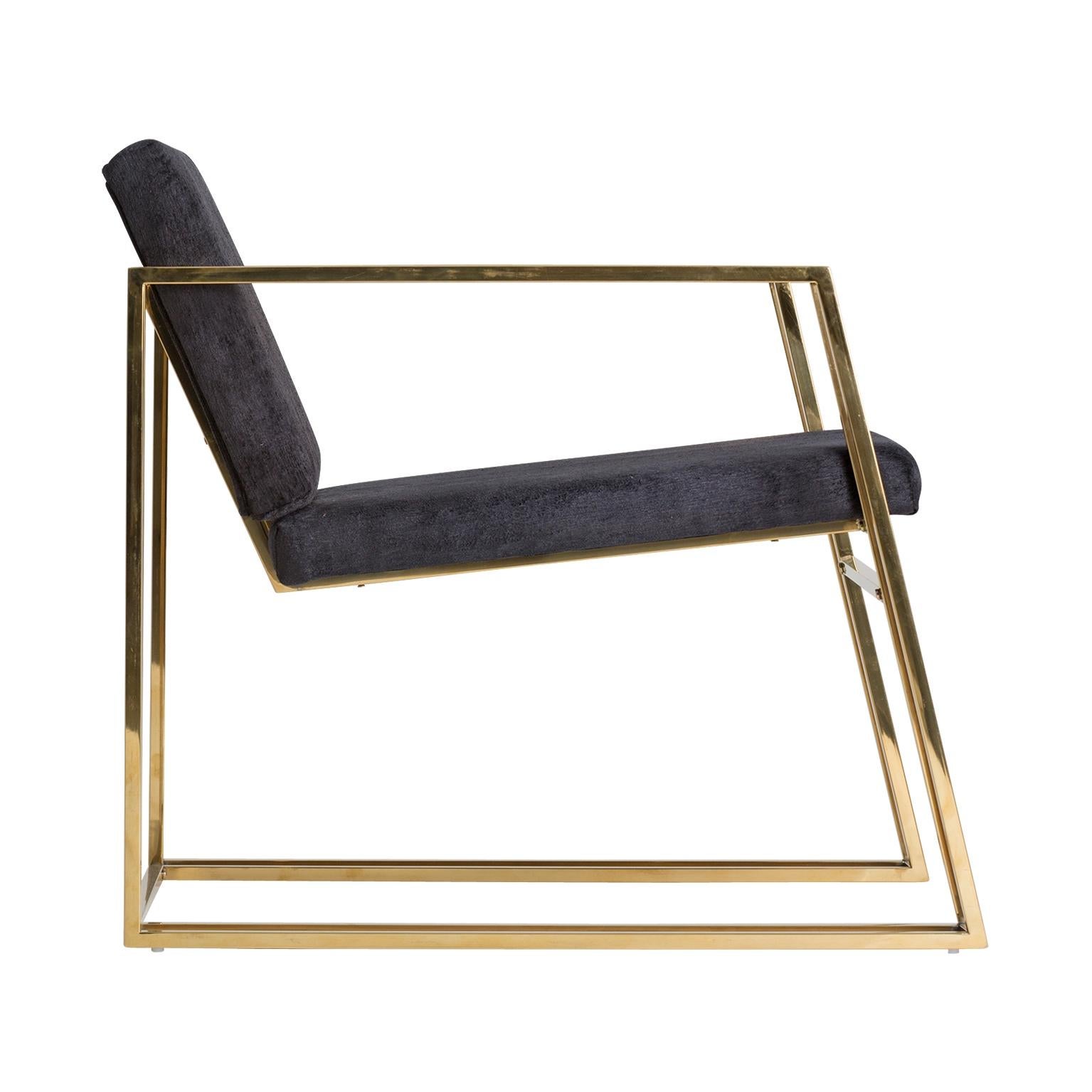 Mid-Century Modern Golden Steel and Black Velvet Lounge Armchair