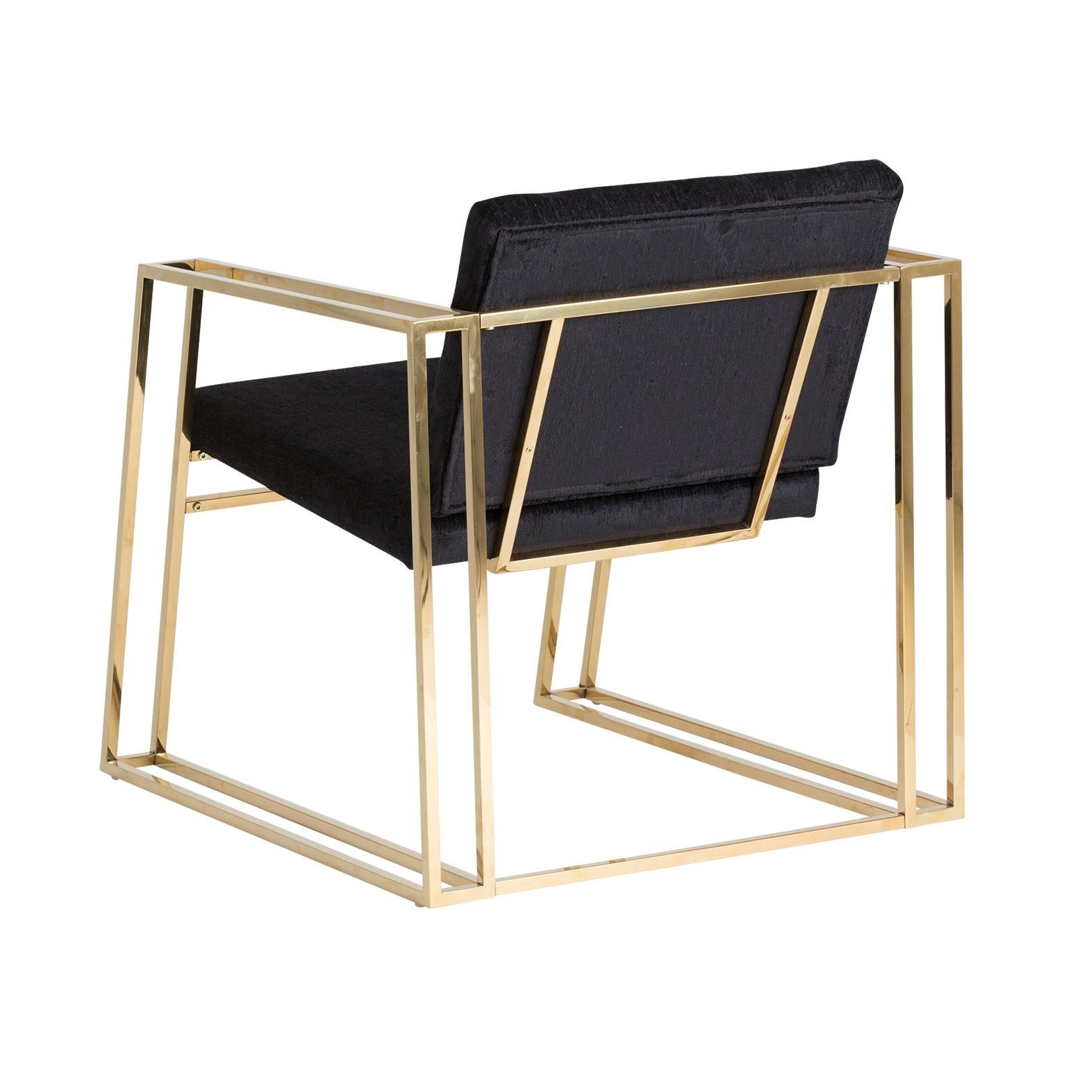 European Golden Steel and Black Velvet Lounge Armchair
