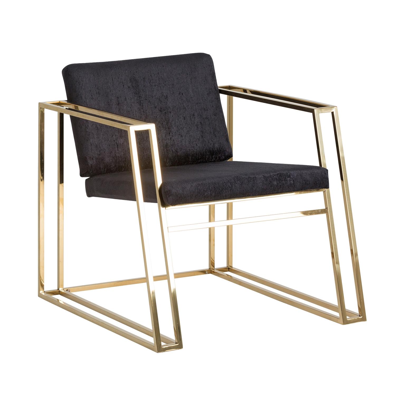 Golden Steel and Black Velvet Lounge Armchair