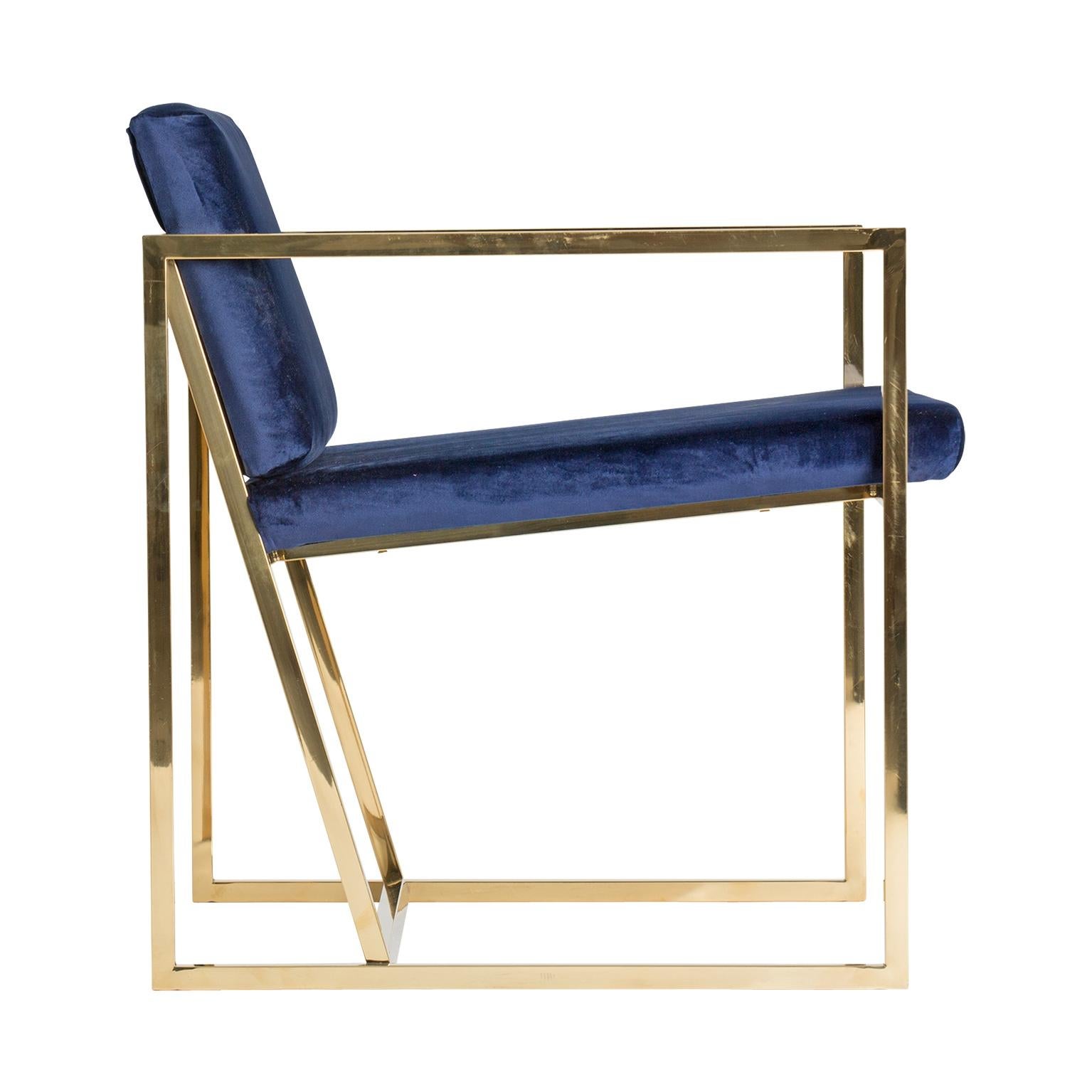 Golden steel and deep blue velvet lounge armchair Mid-Century Modern style and Art Deco Looking.