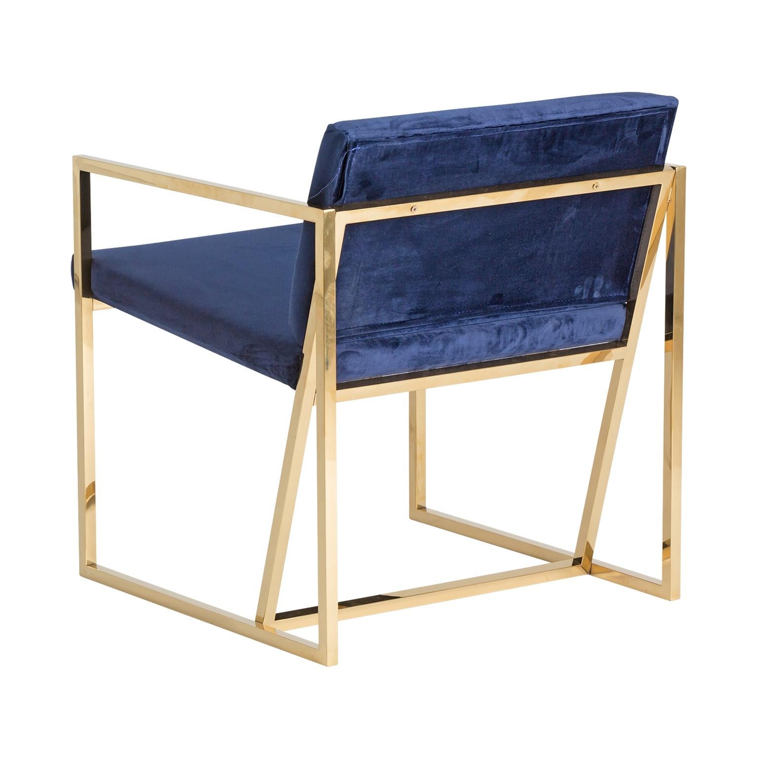 Mid-Century Modern Golden Steel and Deep Blue Velvet Lounge Armchair