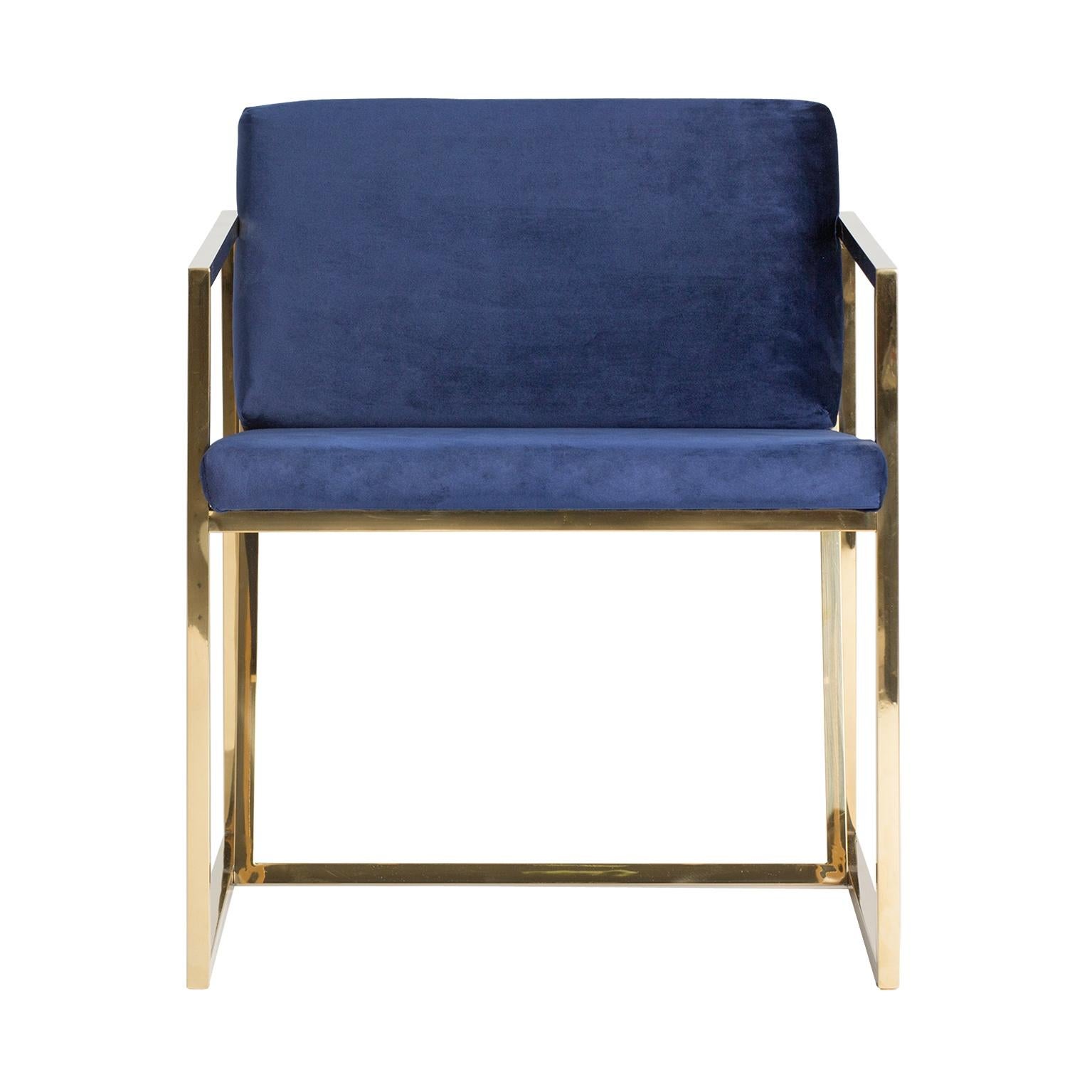 European Golden Steel and Deep Blue Velvet Lounge Armchair