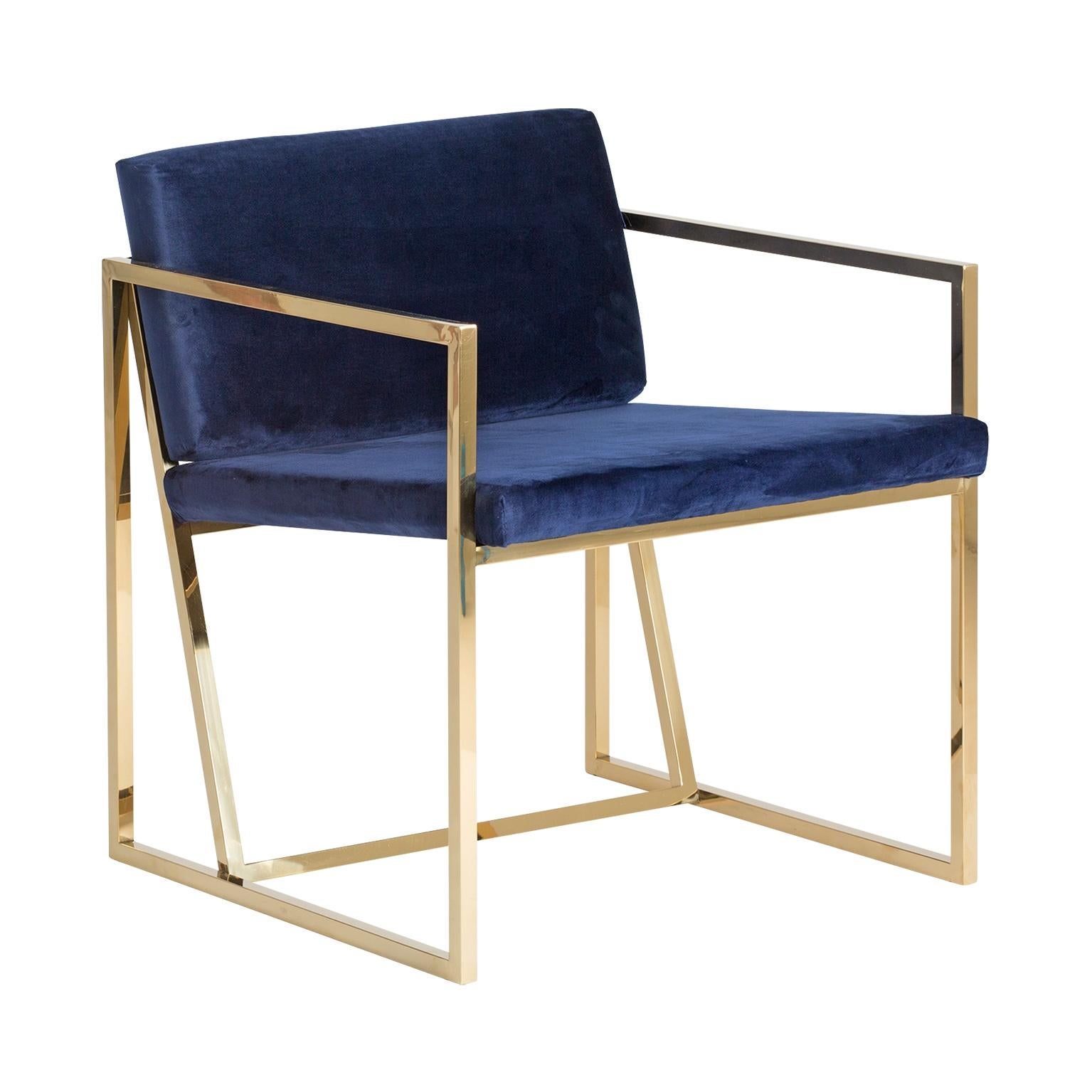 Golden Steel and Deep Blue Velvet Lounge Armchair