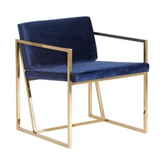 Golden Steel and Deep Blue Velvet Lounge Armchair