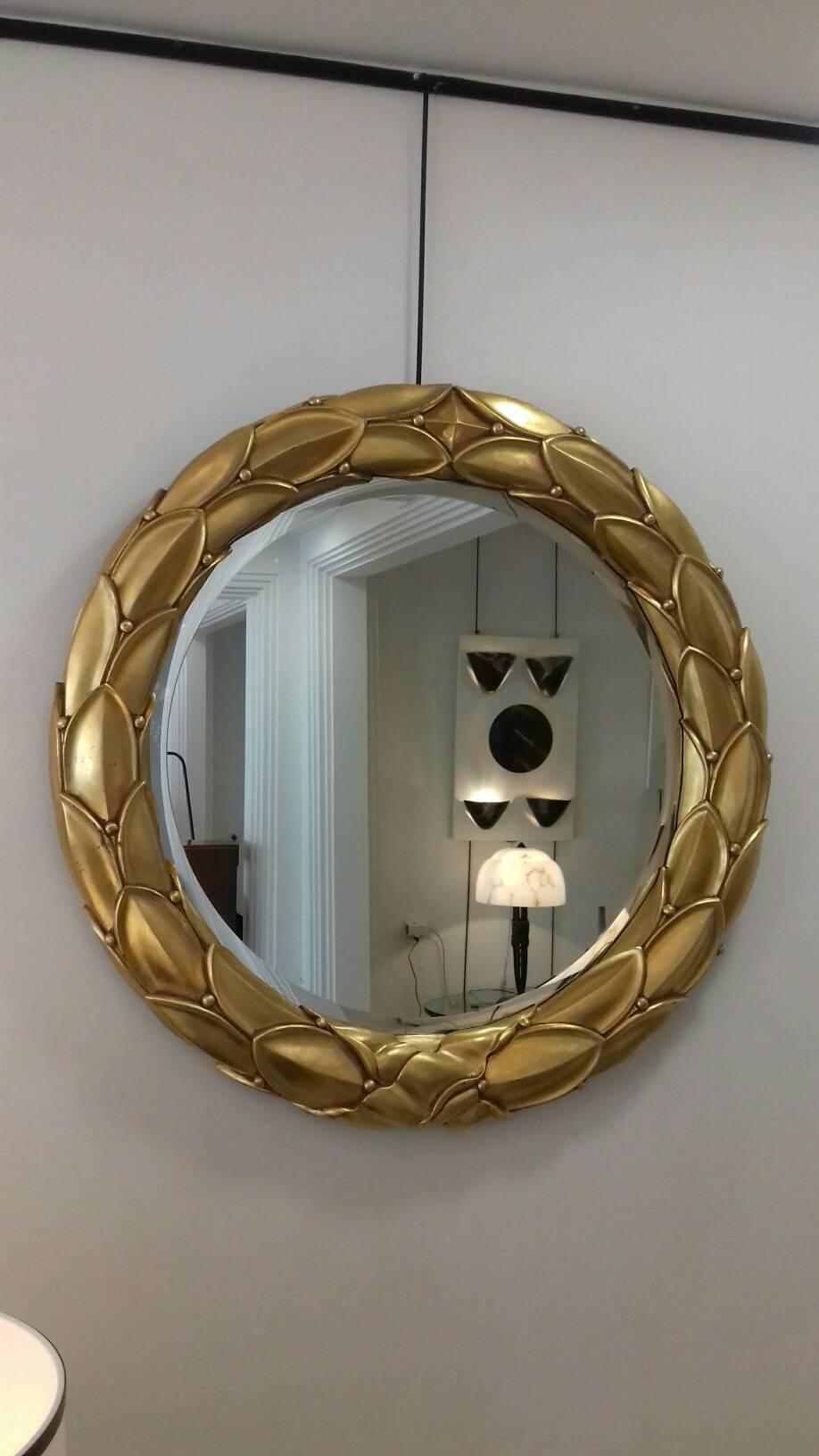 French Golden Stucco Round Mirror