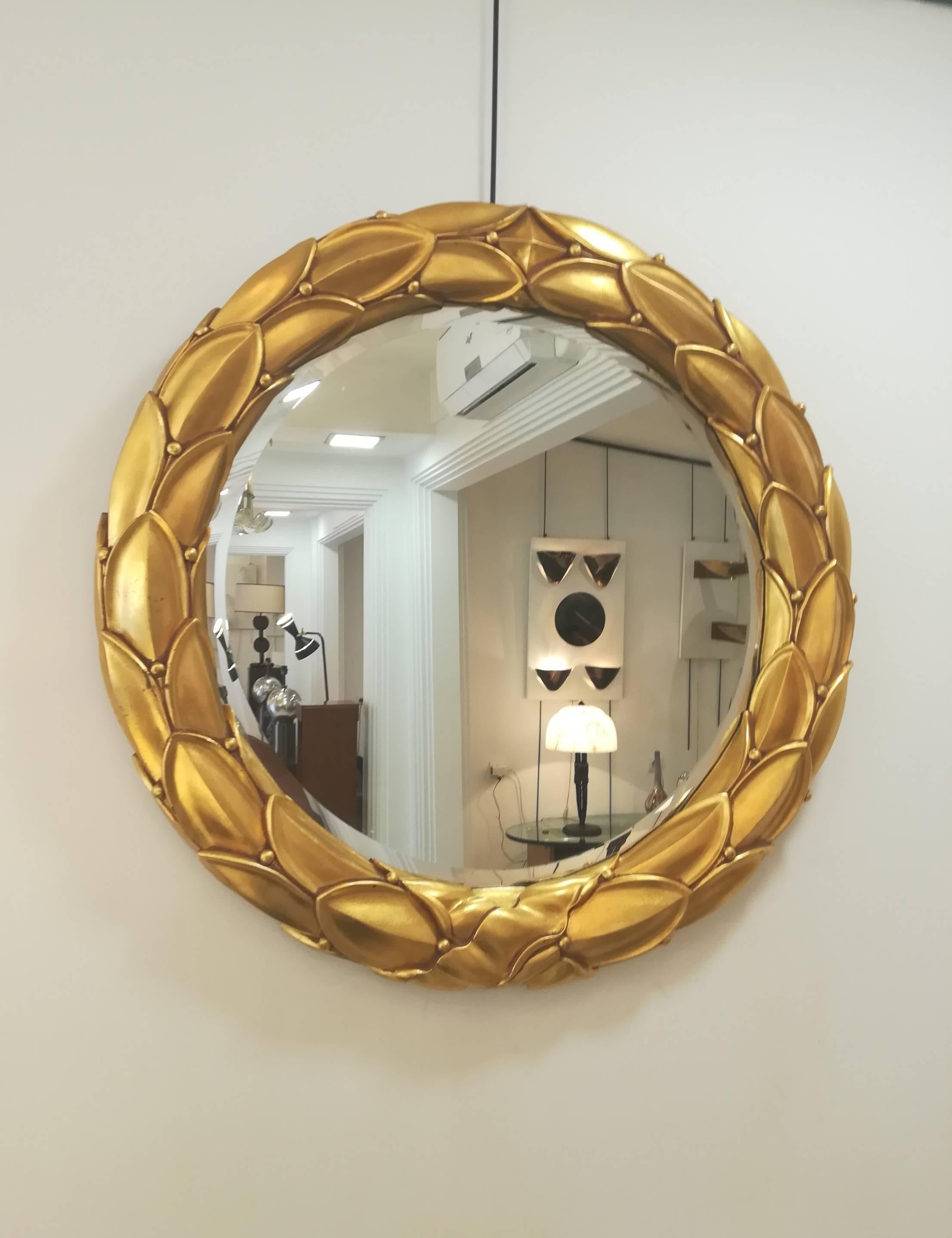 20th Century Golden Stucco Round Mirror