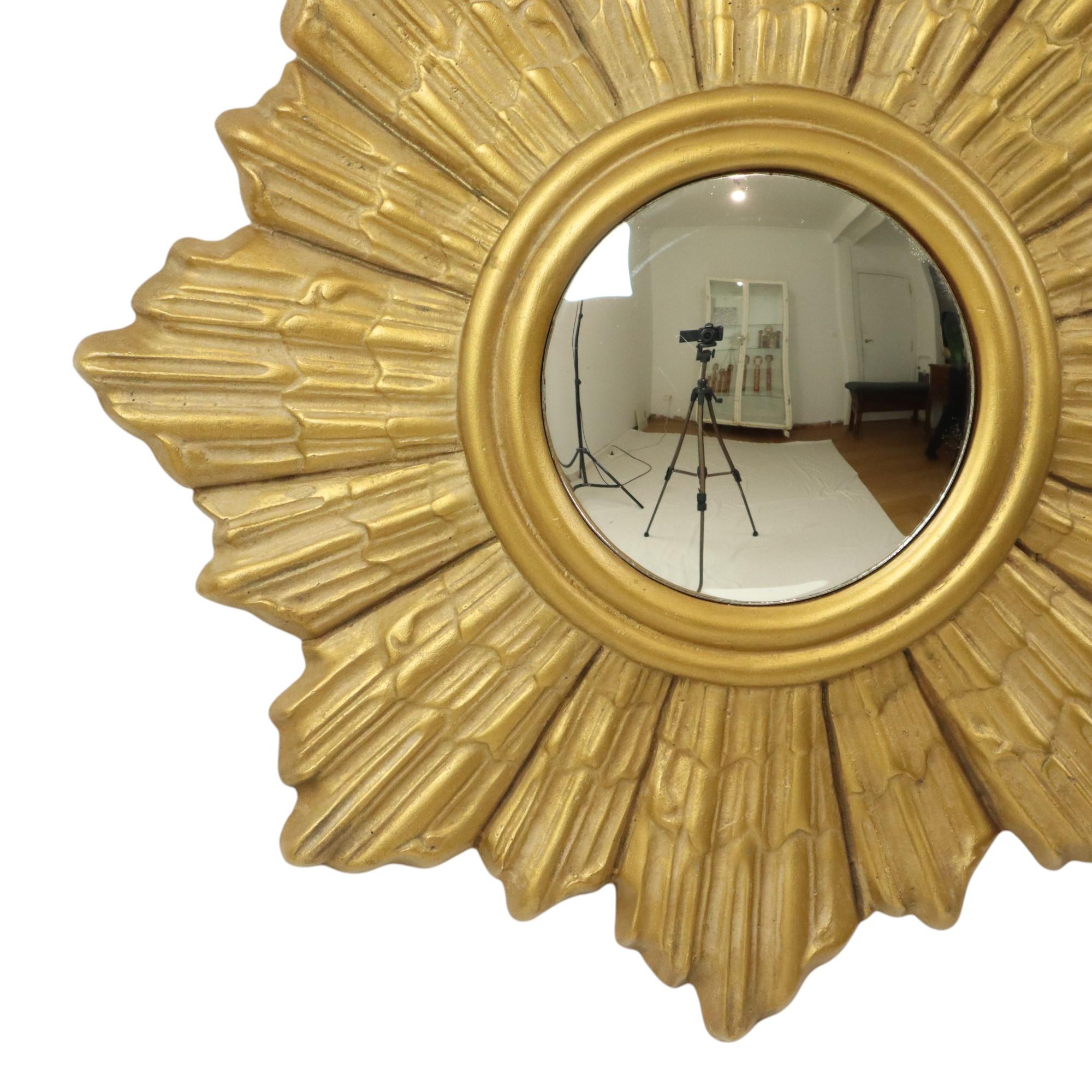 Hollywood Regency Golden Sun Mirror Plaster Sunburst Mirror Convex 48cm For Sale