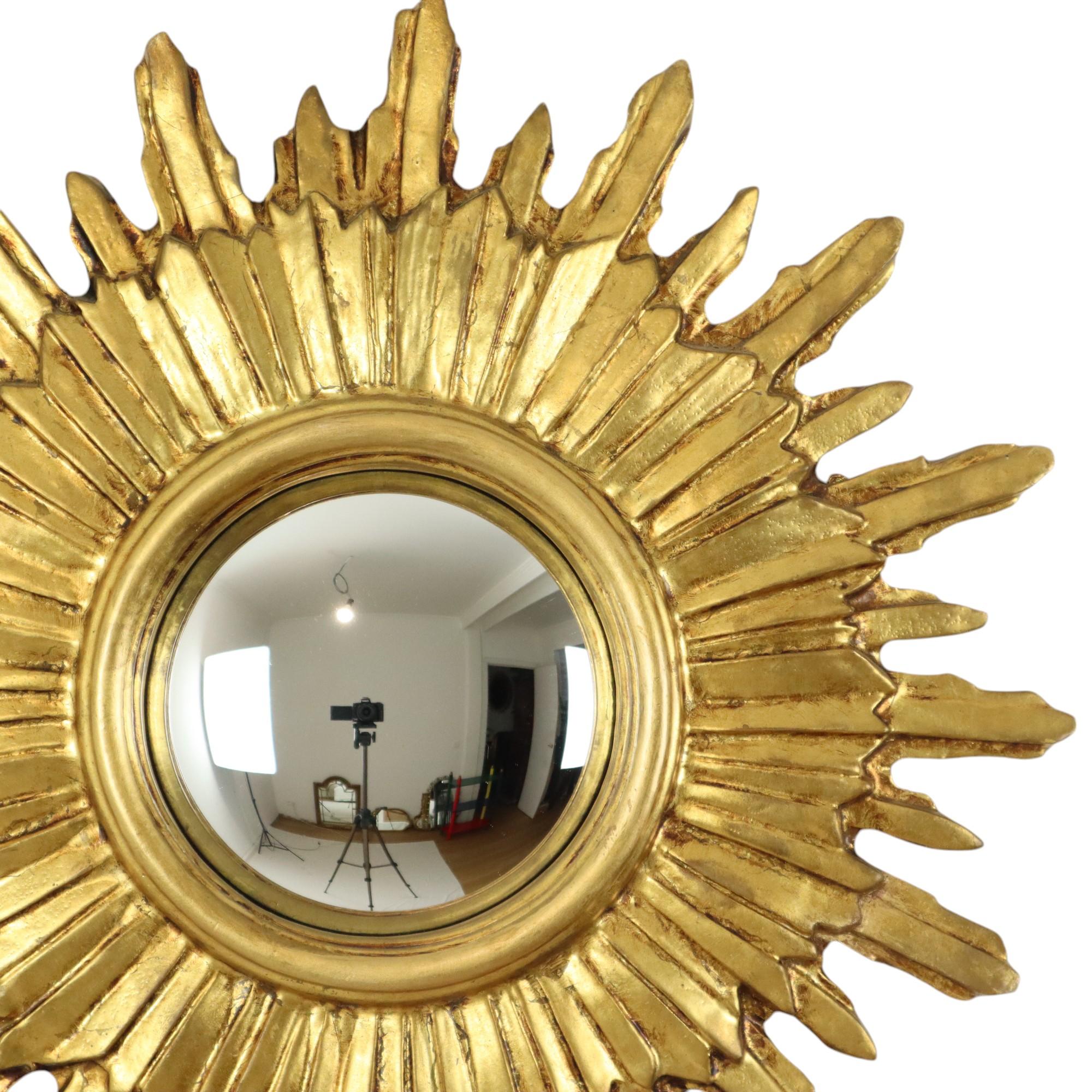 Belgian Golden Sunburst Mirror Sun Mirror Wood Convex Witch Mirror Sixties For Sale