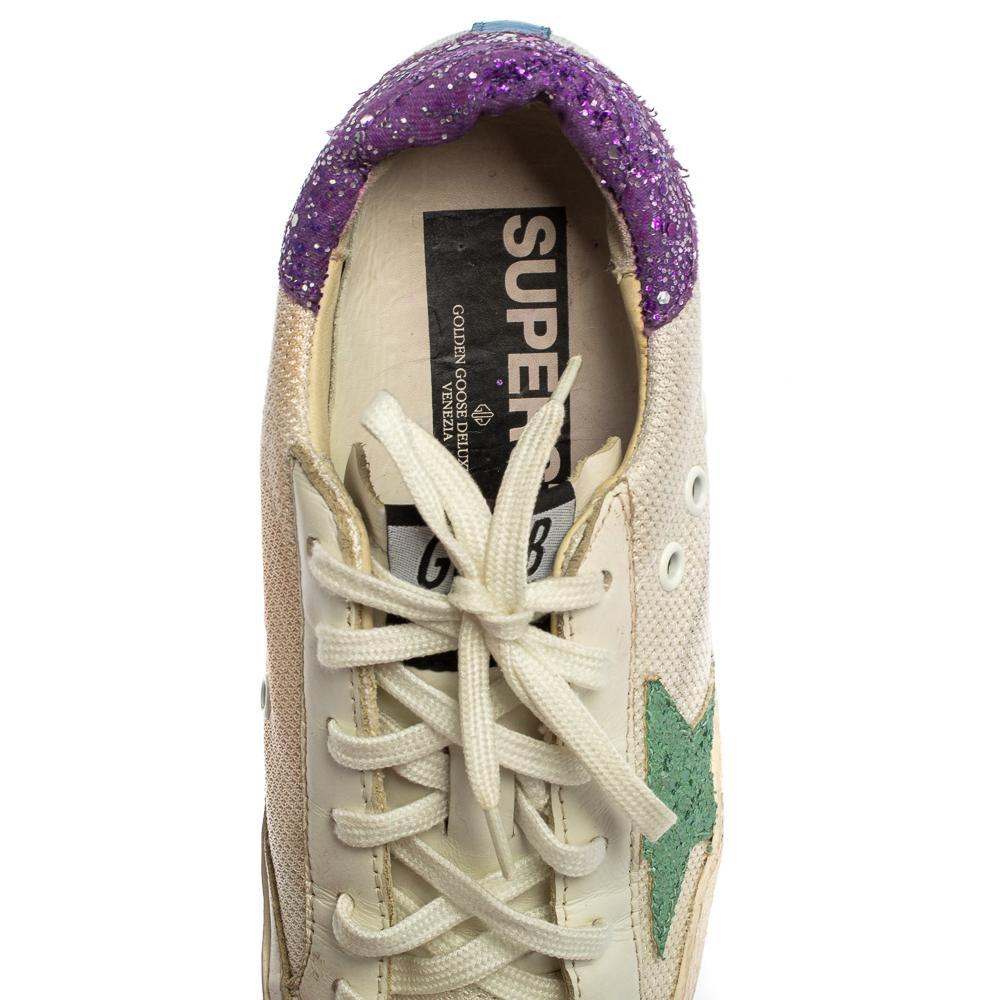 Beige Golden Superstar White/Purple Knit Fabric And Leather Low -Top Sneaker Size 36