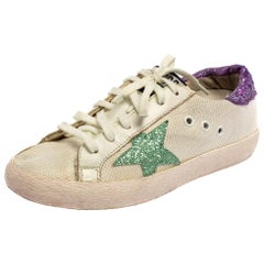 Golden Superstar White/Purple Knit Fabric And Leather Low -Top Sneaker Size 36