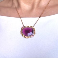 Large Pink Tourmaline 18 Karat Yellow Gold Necklace with Rubies and Diamonds