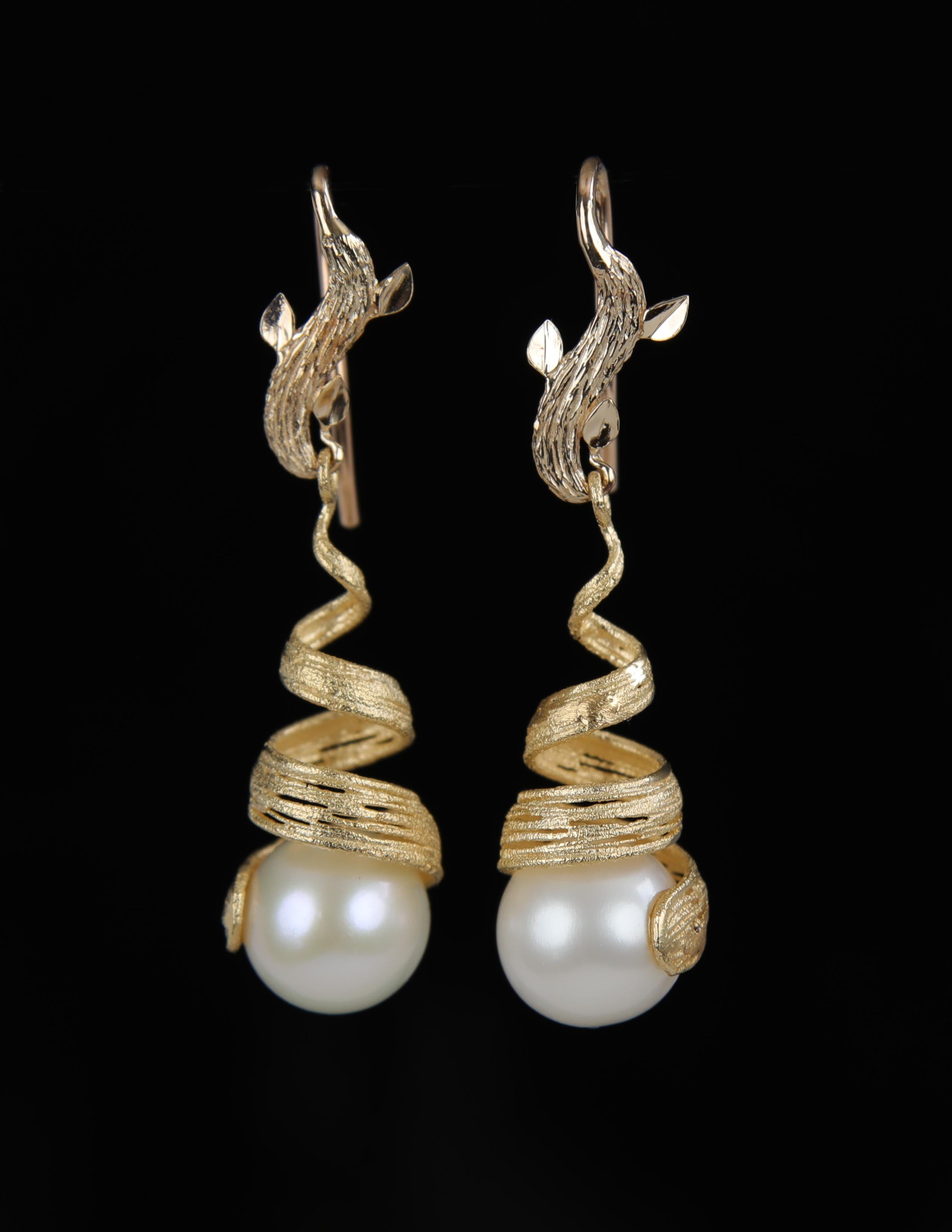 Contemporary White Orchid Studio Golden Swirls Pearl Gold Earrings 