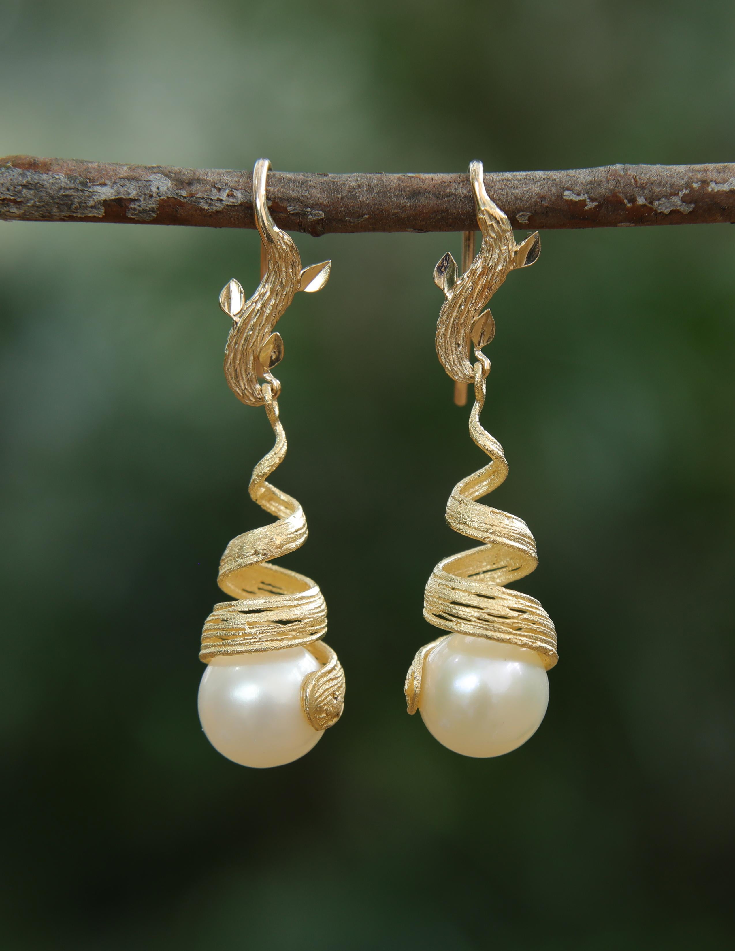 Round Cut White Orchid Studio Golden Swirls Pearl Gold Earrings 