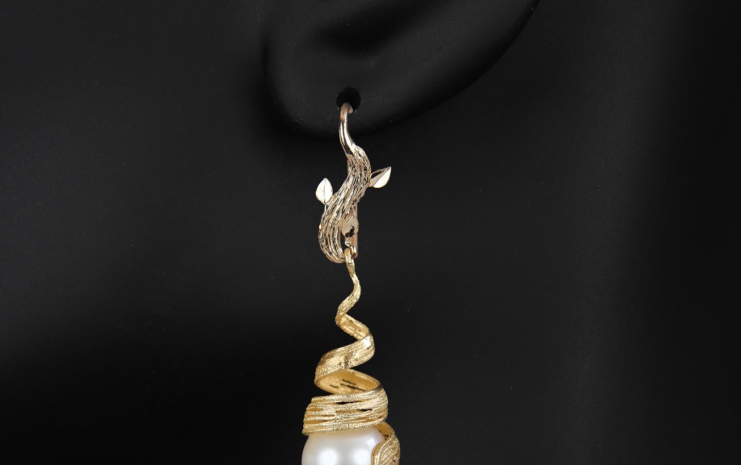 Women's or Men's White Orchid Studio Golden Swirls Pearl Gold Earrings 