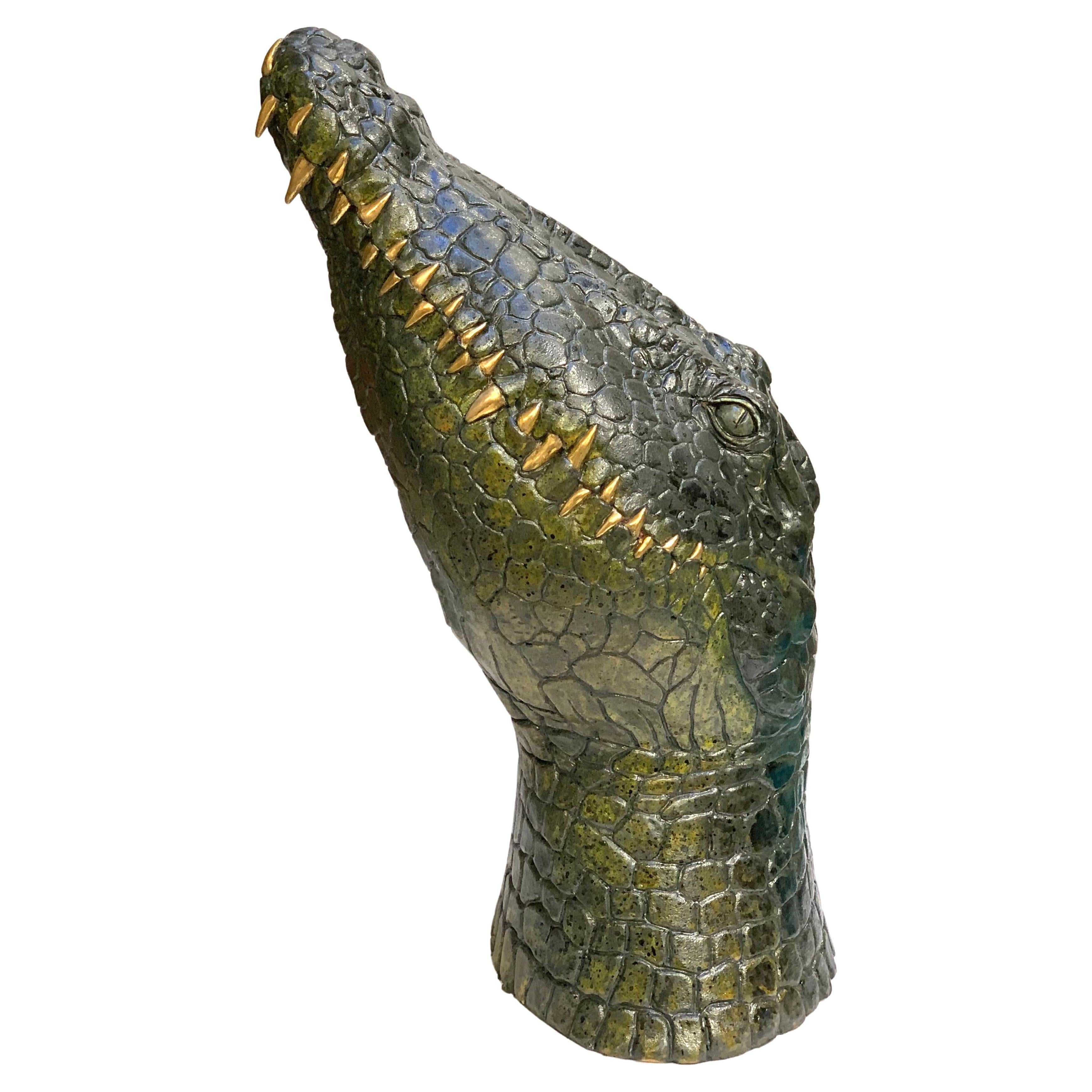 Golden Teeth Crocodile, Ceramic Centerpiece, Handmade Design in Italy, 2021 For Sale
