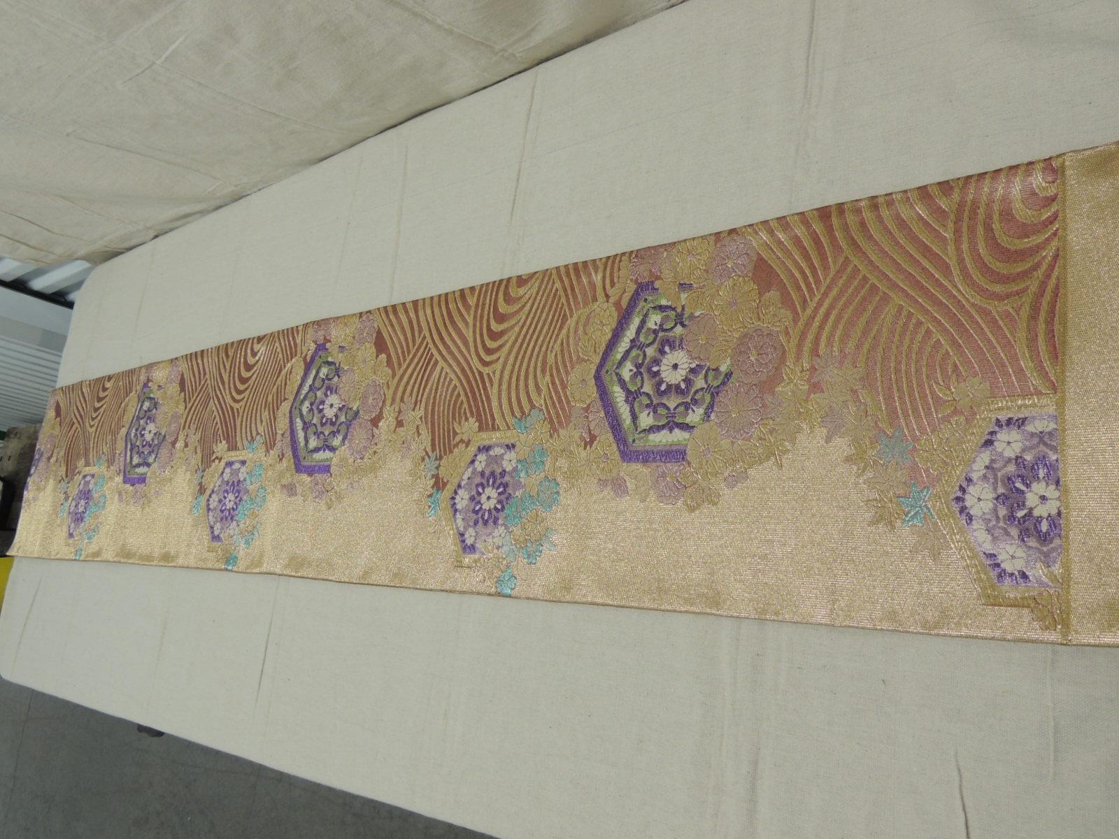 Long Golden Textured Woven Obi Textile Depicting Flowers in Bloom 3