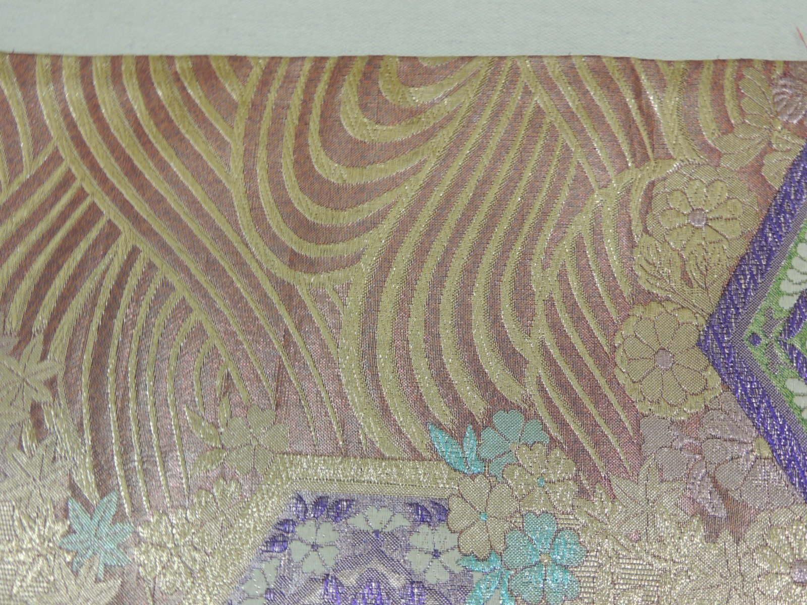 Long Golden Textured Woven Obi Textile Depicting Flowers in Bloom 4