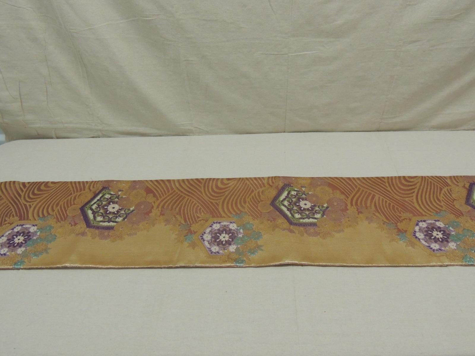 Long Golden Textured Woven Obi Textile Depicting Flowers in Bloom 6