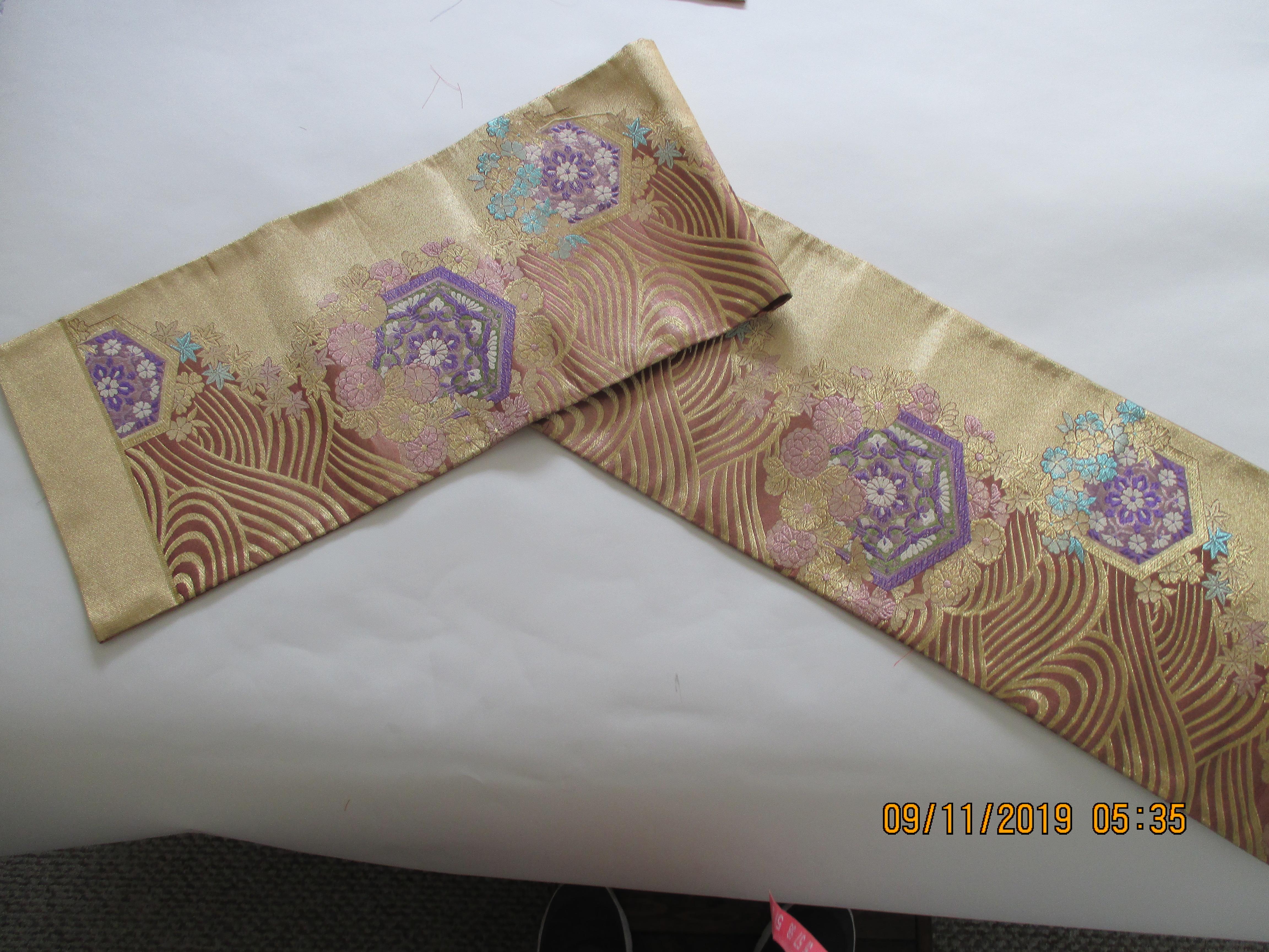 Japonisme Long Golden Textured Woven Obi Textile Depicting Flowers in Bloom