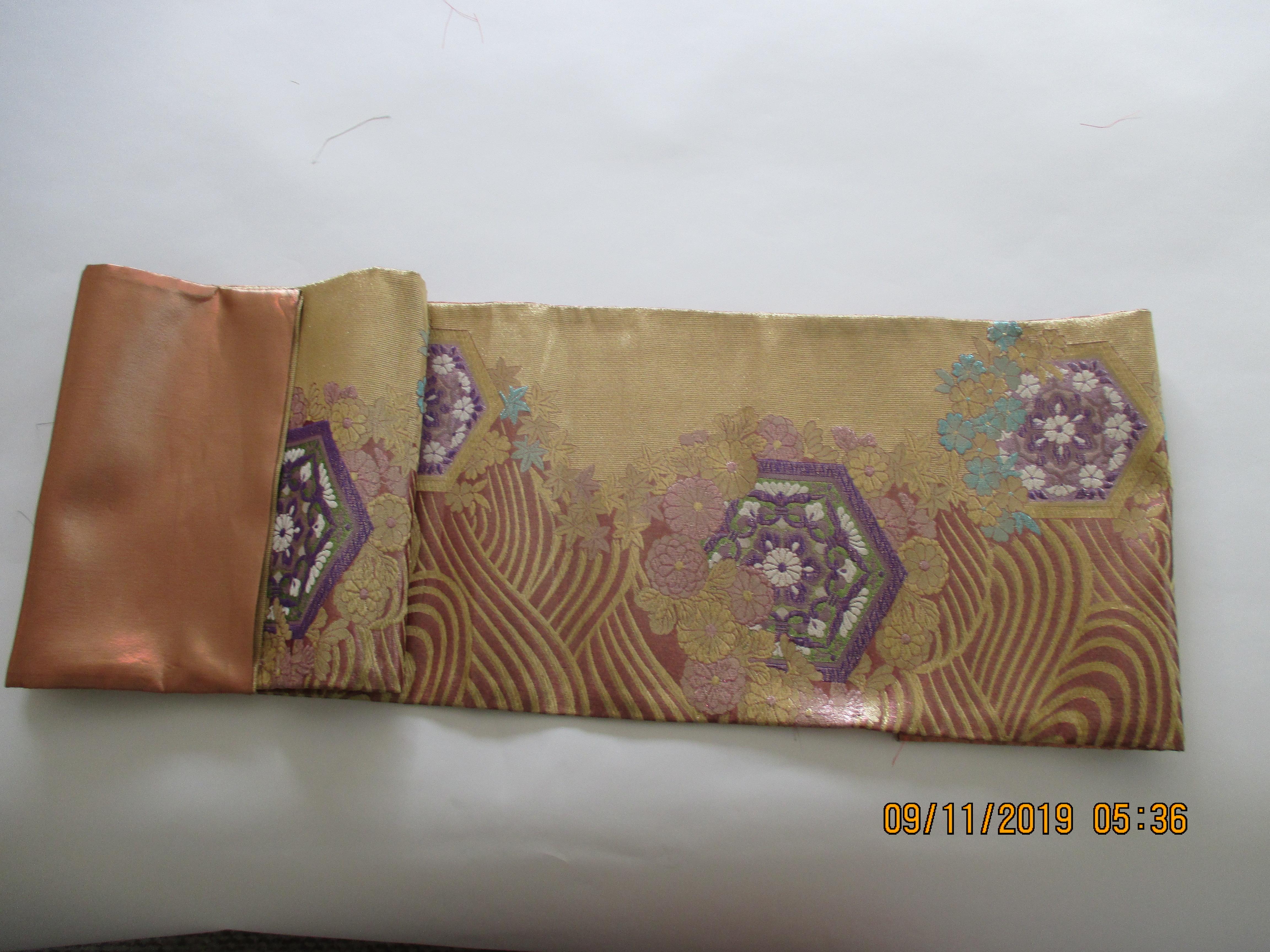 Japanese Long Golden Textured Woven Obi Textile Depicting Flowers in Bloom