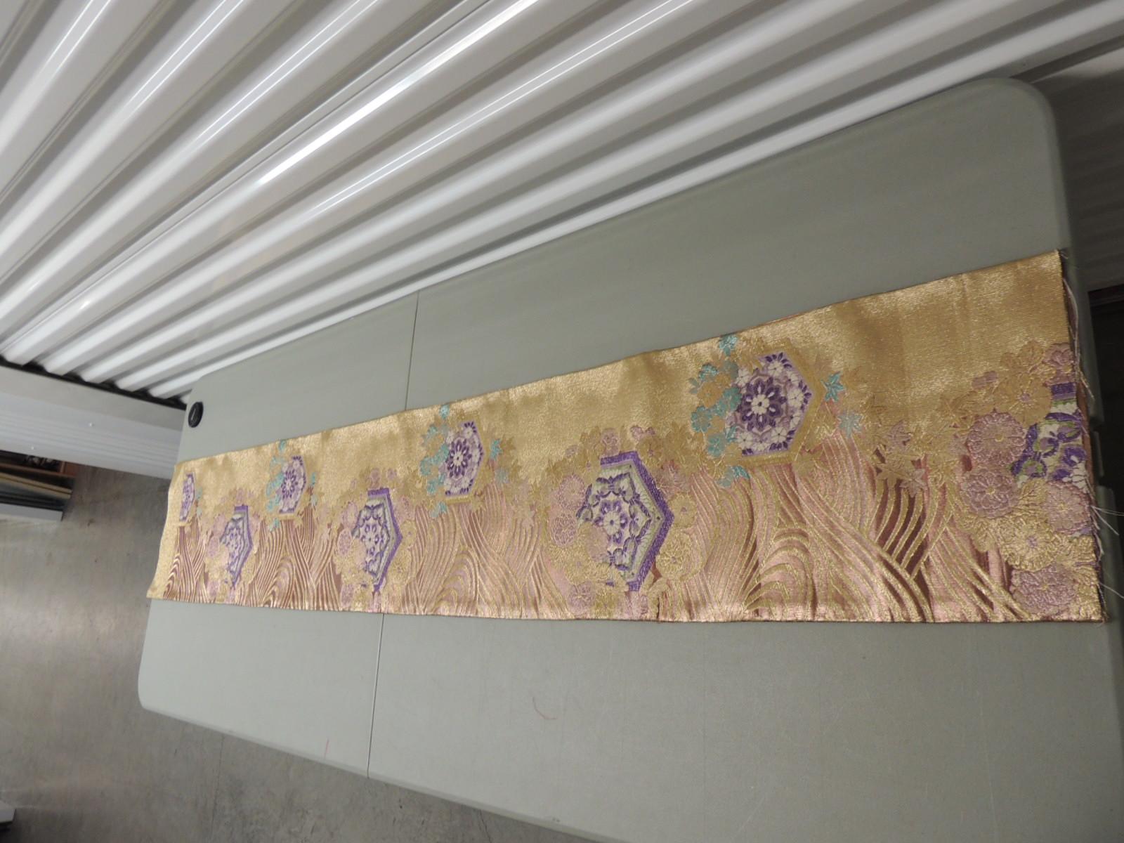 Long Golden Textured Woven Obi Textile Depicting Flowers in Bloom In Good Condition In Oakland Park, FL