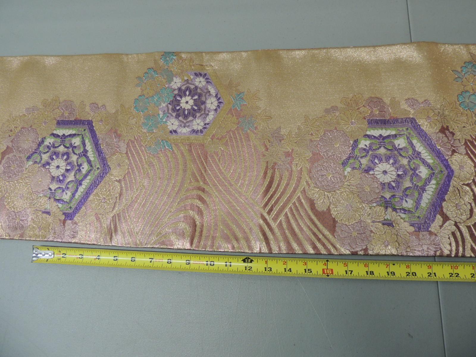 Mid-20th Century Long Golden Textured Woven Obi Textile Depicting Flowers in Bloom