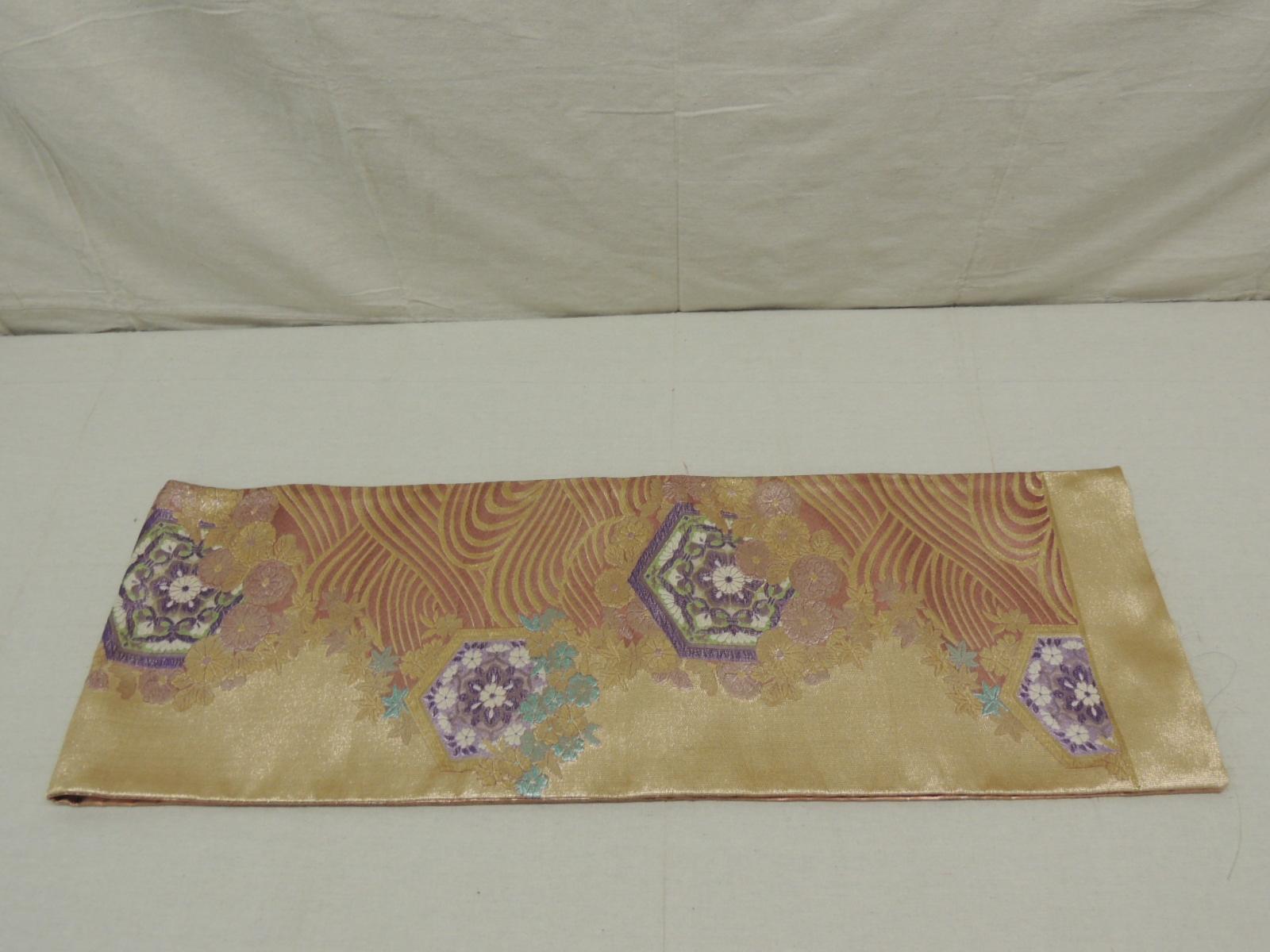 Silk Long Golden Textured Woven Obi Textile Depicting Flowers in Bloom
