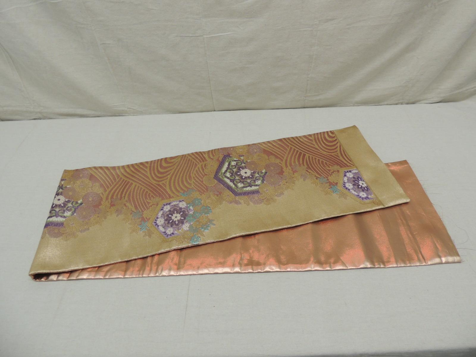 Long Golden Textured Woven Obi Textile Depicting Flowers in Bloom 1
