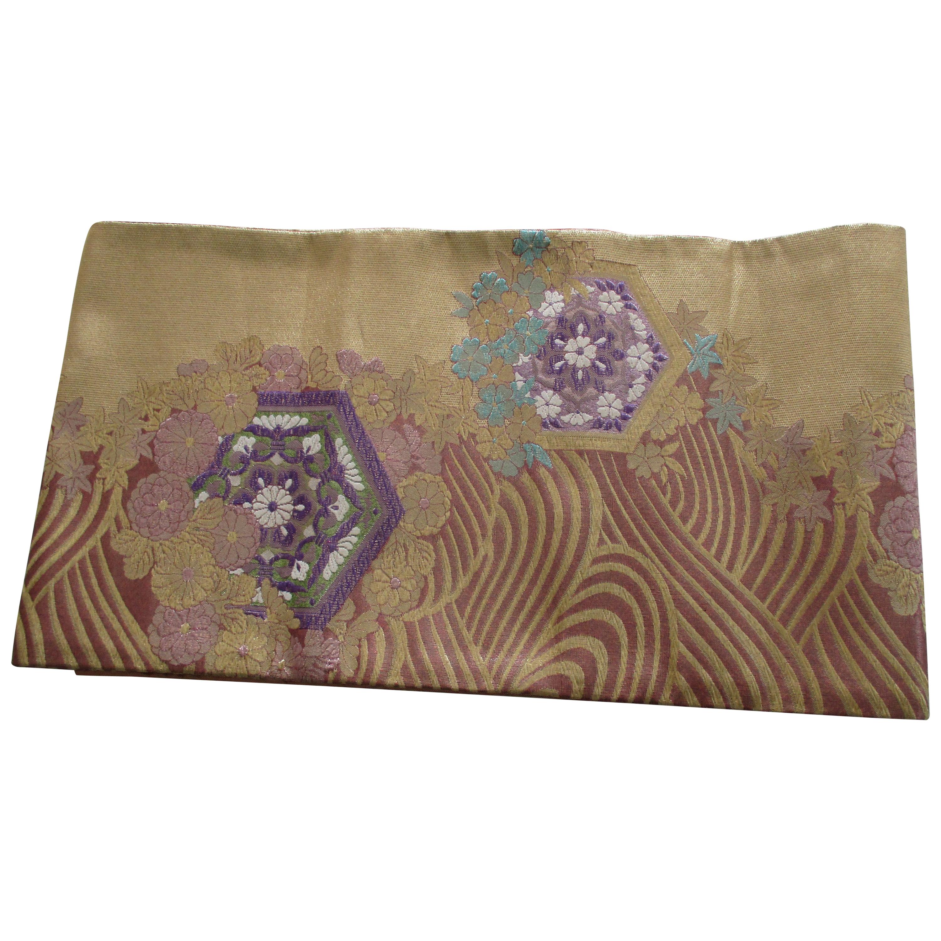 Long Golden Textured Woven Obi Textile Depicting Flowers in Bloom
