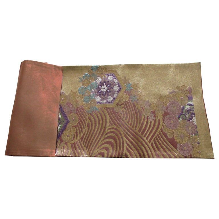 Golden Textured Woven Obi Textile Depicting Flowers in Bloom For Sale ...