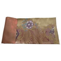Golden Textured Woven Obi Textile Depicting Flowers in Bloom