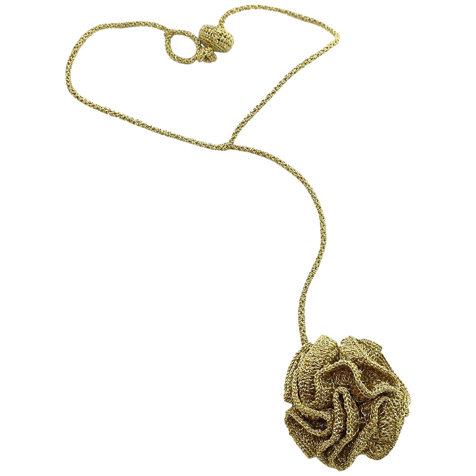 Gold Color Thread Crochet Flower Young Hip Art Contemporary Jewelry Necklace For Sale