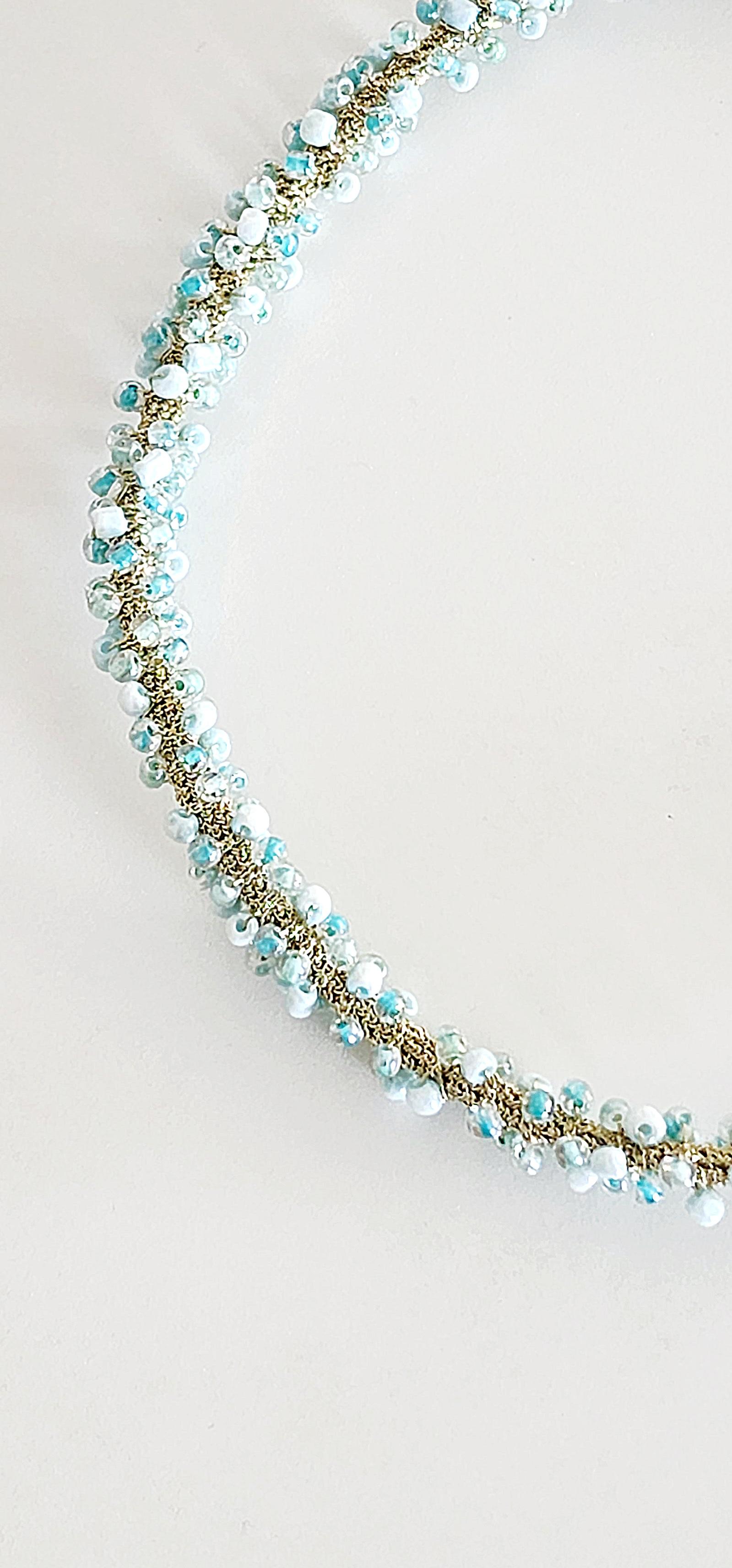 Artisan Golden Thread Crochet Necklace Light Blue Glass Beads For Sale