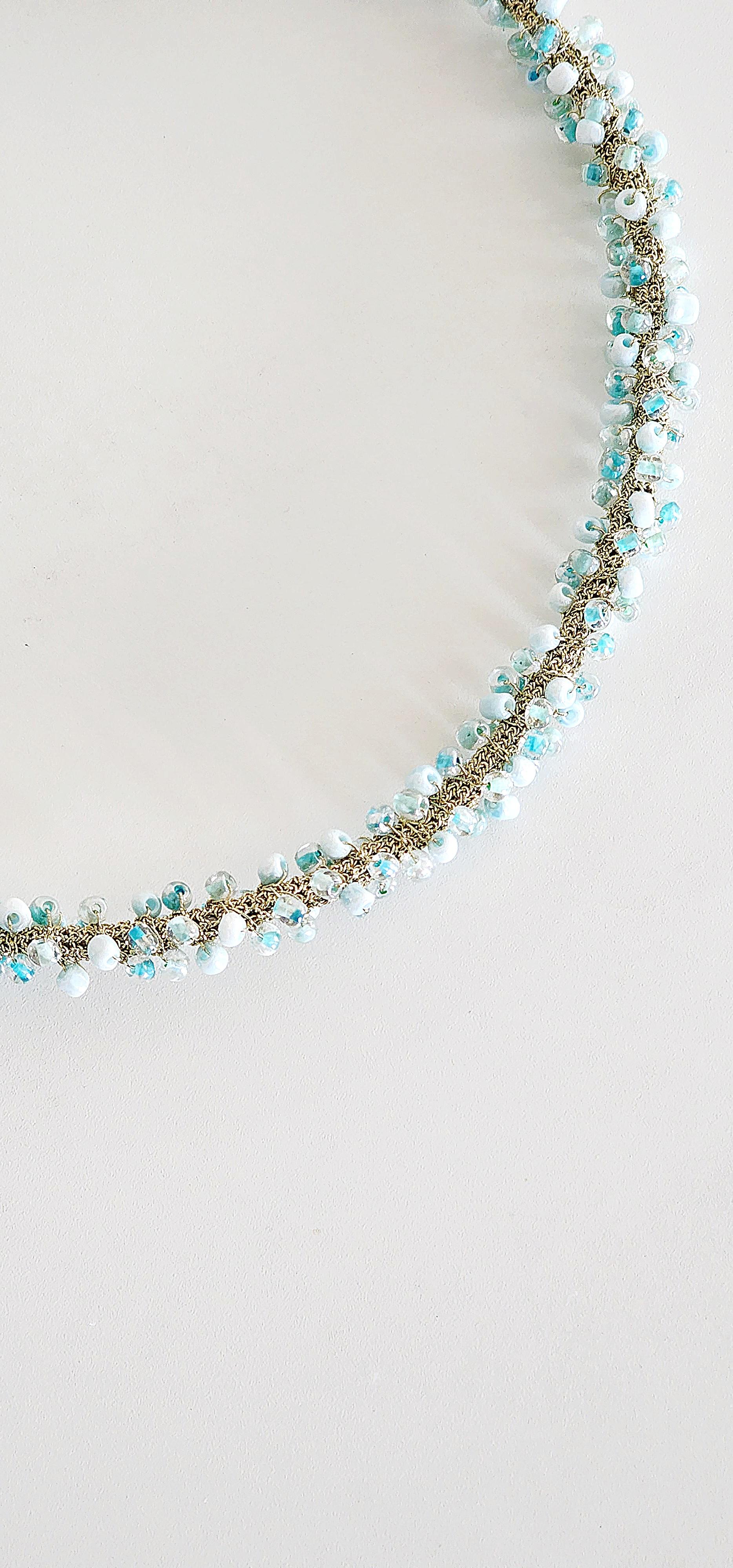 Golden Thread Crochet Necklace Light Blue Glass Beads In New Condition For Sale In Kfar Sava, IL